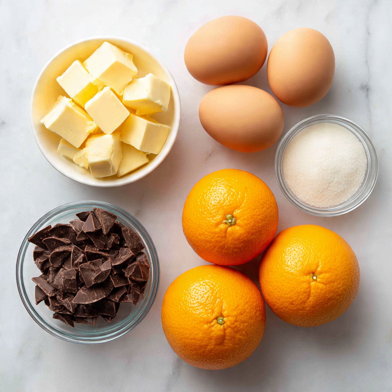 The image shows six eggs with a light brown color grouped near the center on a white marbled surface. To the left of the eggs, there is a small white bowl filled with light yellow cubes of butter and a clear bowl with white granulated sugar. To the right of the eggs, there are two bright orange whole oranges. Below the oranges is a clear bowl filled with chopped dark brown chocolate pieces. The ingredients are neatly arranged spaced apart on the white marbled surface. photo taken with an iphone --ar 4:5 --v 7
