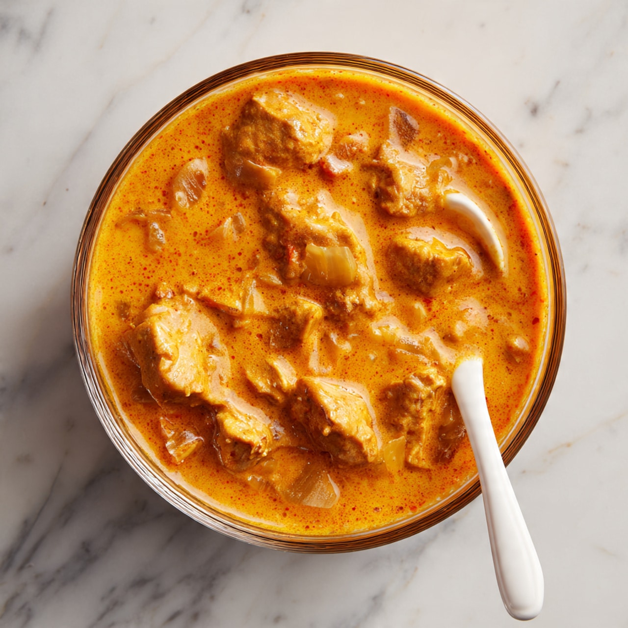 A clear glass bowl filled with thick, rich orange sauce mixed with pieces of meat and small visible chunks of onion. The sauce has a creamy texture with a shiny surface, and the meat pieces are scattered evenly throughout, varying in size and covered in the sauce. A white spoon is dipped into the bowl on the right side, partially submerged in the sauce. The bowl sits on a white marbled surface with gray veins running through it, giving a clean and bright look. photo taken with an iphone --ar 4:5 --v 7