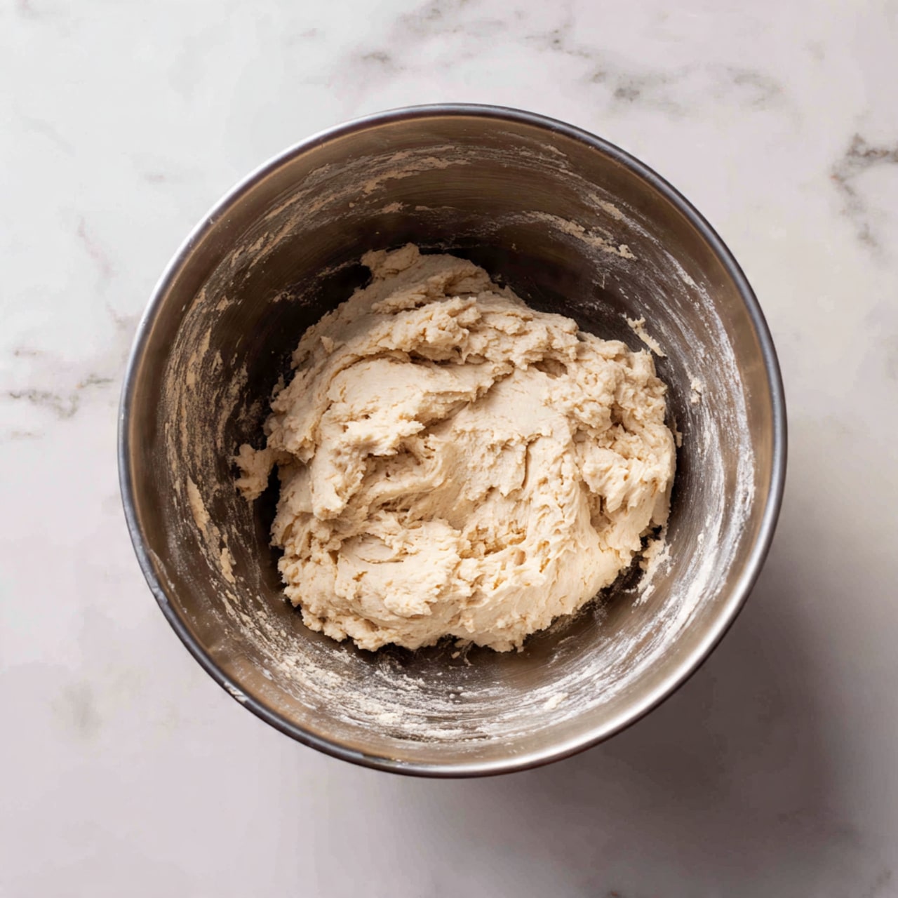 Inside a silver mixing bowl placed on a white marbled surface, there is a single layer of soft, thick dough with a pale beige color and slightly uneven texture. The dough sits in the middle of the bowl, with some remnants of dough spread thinly along the inner sides of the bowl. The image is taken from above, showing the round shape of the bowl and dough clearly. Photo taken with an iphone --ar 4:5 --v 7
