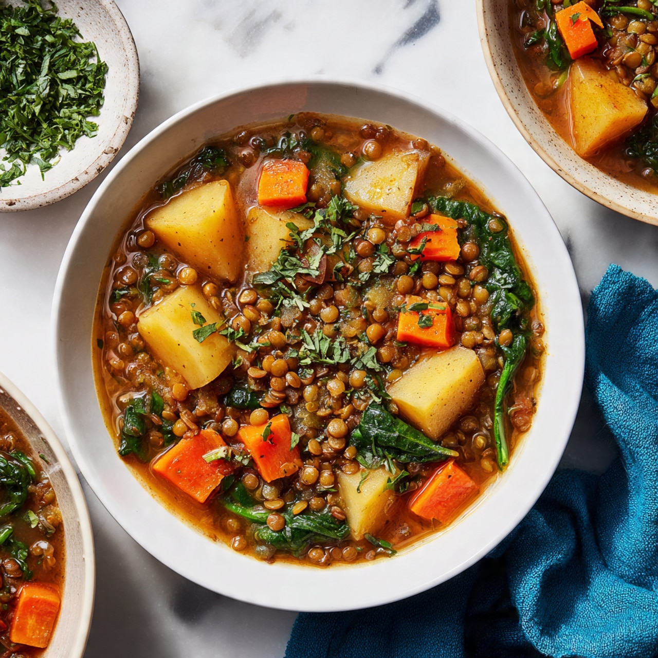 A round white pot filled with thick lentil stew showing three main layers: the bottom layer of smooth brown lentils cooked in sauce, a middle layer of small orange carrot cubes and pale yellow potato pieces, and a top layer of fresh bright green spinach leaves scattered across the stew. The stew has visible tomato pieces adding red spots throughout, all inside a dark rimmed white pot sitting on a white marbled surface. photo taken with an iphone --ar 4:5 --v 7