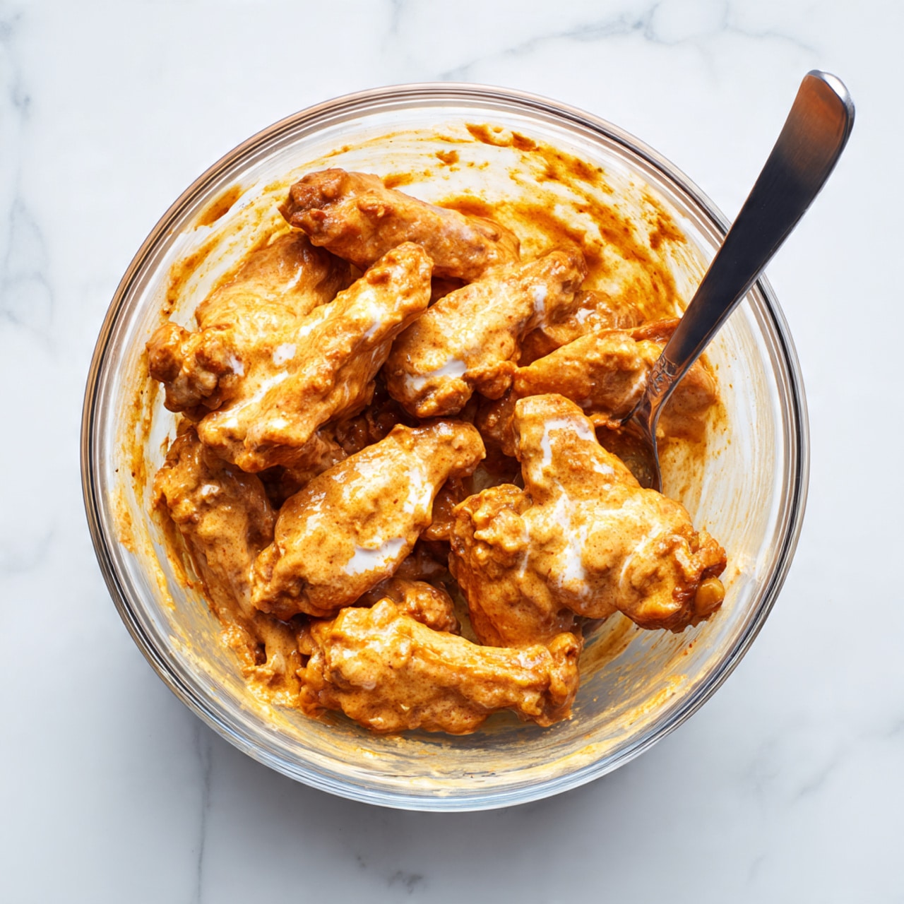 A clear glass bowl filled with chicken wings coated in a thick, light orange sauce with some white streaks, giving a creamy and slightly textured look; a metal spoon with a black handle rests inside the bowl on the right side, partially submerged in the chicken mixture; the bowl is placed on a white marbled surface, and the overall scene looks bright and clean photo taken with an iphone --ar 4:5 --v 7
