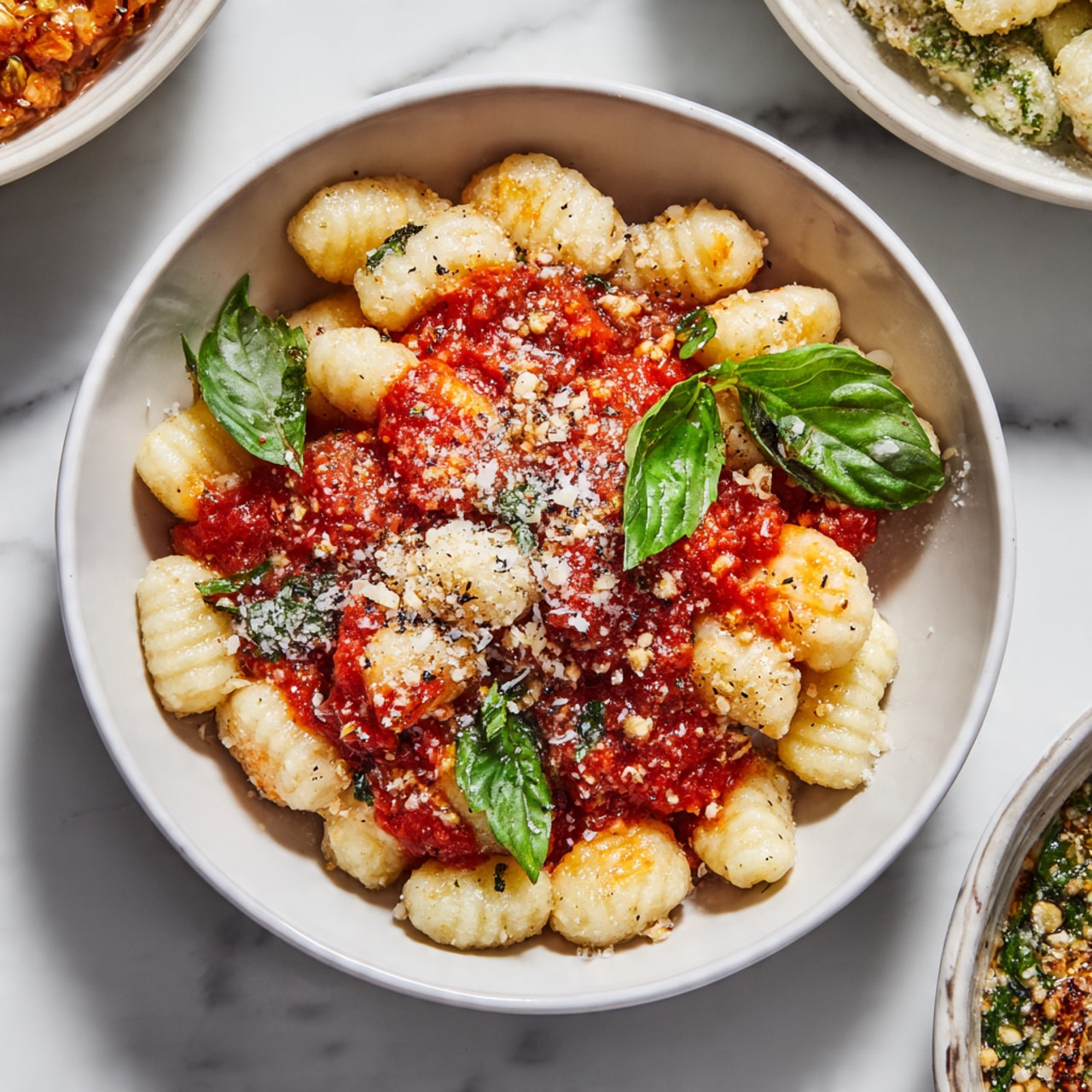 The image shows a white bowl filled with three layers of food: the bottom layer is small ridged gnocchi pieces with a light beige color, the middle layer is chunky red tomato sauce spread unevenly over the gnocchi, and the top layer is a sprinkling of finely grated white cheese with black pepper and two fresh green basil leaves placed on top and to the side. In the background, there are hints of two other white bowls with different kinds of gnocchi dishes, one with a green sauce and the other with more red sauce, all placed on a white marbled surface. photo taken with an iphone --ar 4:5 --v 7