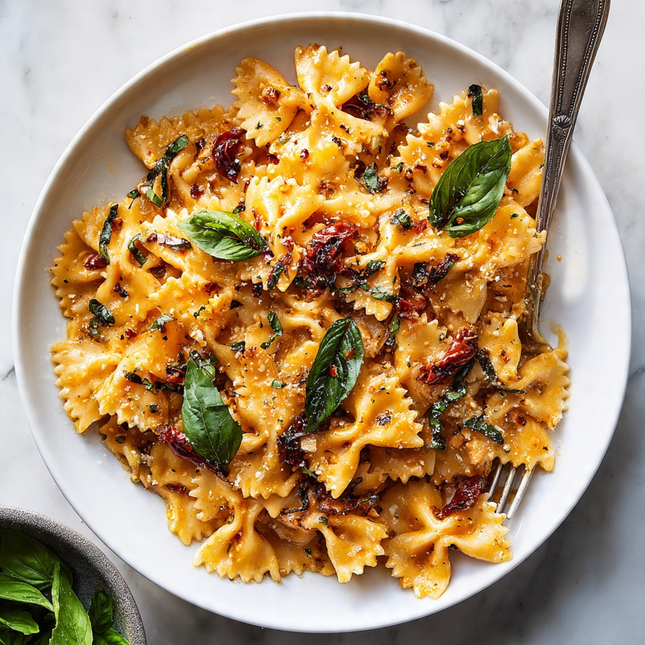 A white plate holds a dish of bow-tie pasta covered in a rich, creamy orange sauce with visible herbs and caramelized onion slices mixed throughout. The pasta’s ridged texture contrasts with the smooth sauce, while small pieces of sun-dried tomato add darker red accents. On top of the pasta, three fresh green basil leaves bring vibrant color and freshness. A silver fork lifts a small cluster of pasta and onions on the left side, with a white marbled surface beneath the plate and bright green basil leaves in a blurred bowl at the bottom left corner. Photo taken with an iphone --ar 4:5 --v 7