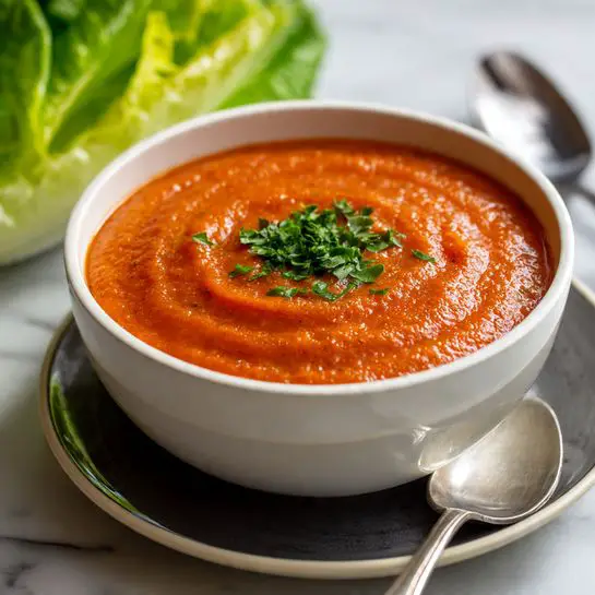 A white bowl filled with thick, smooth red sauce that has small chunks and a slightly uneven texture. The sauce is topped with a small sprinkle of finely chopped green herbs in the center. The bowl is placed on a dark plate with a silver spoon next to it. In the background, there is a green vegetable and some lettuce blurred out, all set on a white marbled surface. photo taken with an iphone --ar 4:5 --v 7