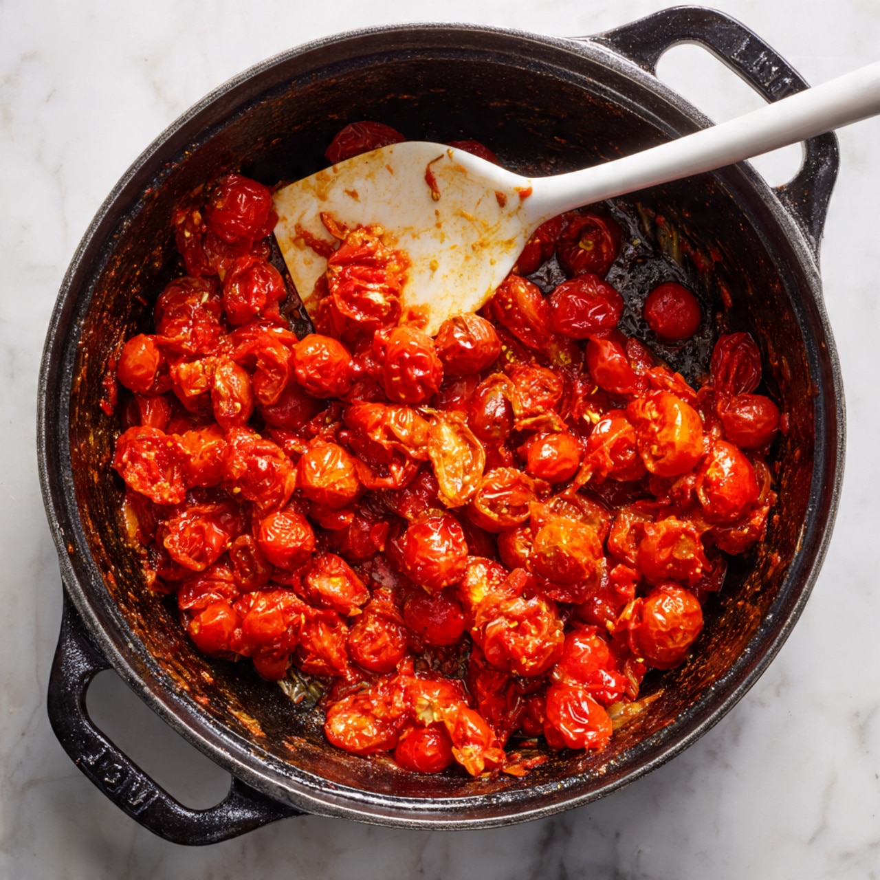A black cast iron pot filled with cooked cherry tomatoes that are soft and slightly broken, showing a mix of bright red and deeper cooked colors. The tomatoes are coated in a thick, chunky sauce with visible bits of onions or garlic. A white spatula is resting inside the pot, partially covered with the sauce. The pot is placed on a surface with a white marbled texture. photo taken with an iphone --ar 4:5 --v 7