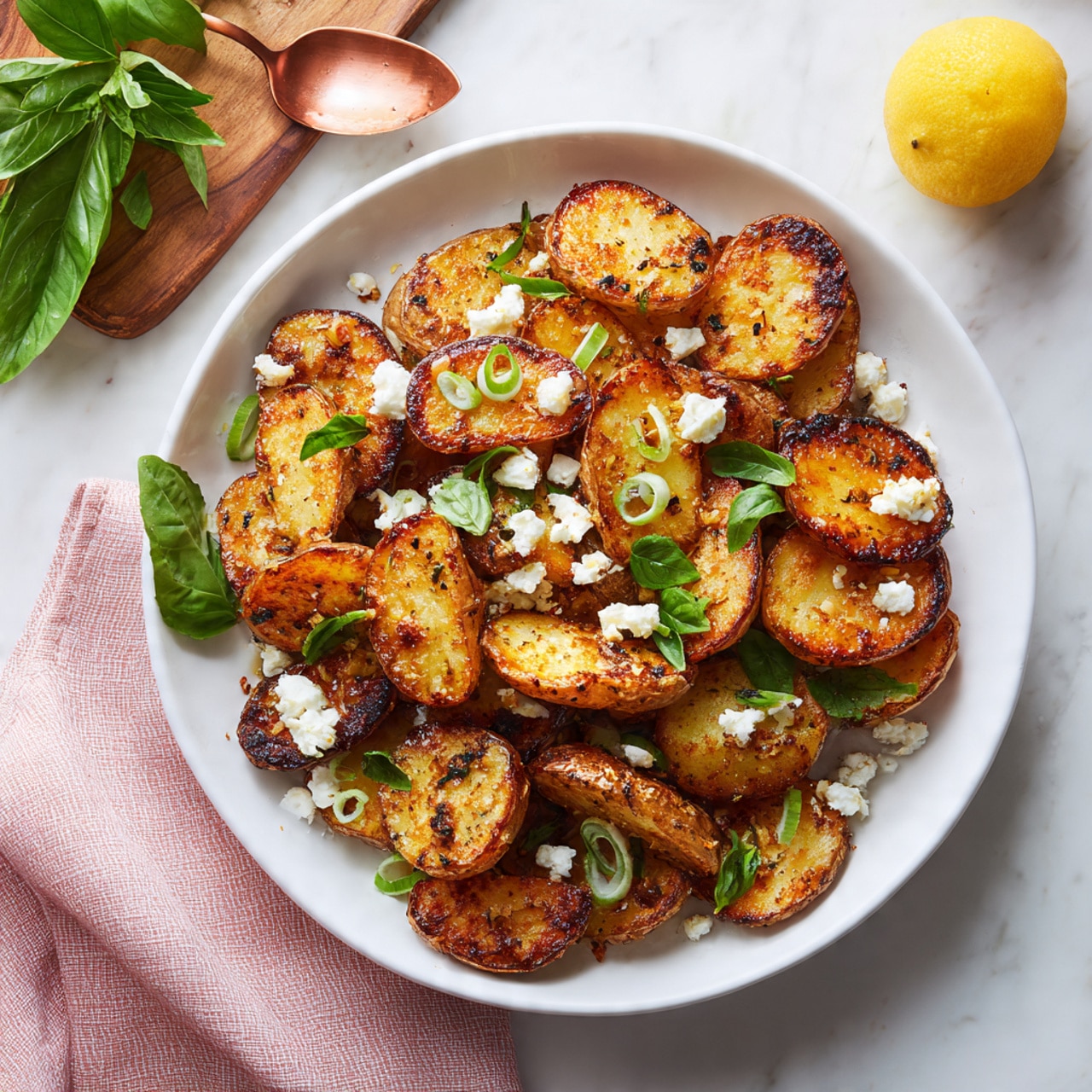 A clear round glass dish filled with two layers: the bottom layer has golden roasted potato chunks with crispy browned edges and sprinkled with herbs, arranged all around the dish; the top layer is a round block of white cheese with a slightly crumbly texture, placed in the center and sprinkled with coarse black pepper and red pepper flakes. The dish sits on a light beige textured cloth on a white marbled surface. A wooden spatula with a smooth handle rests beside the dish. Photo taken with an iphone --ar 4:5 --v 7