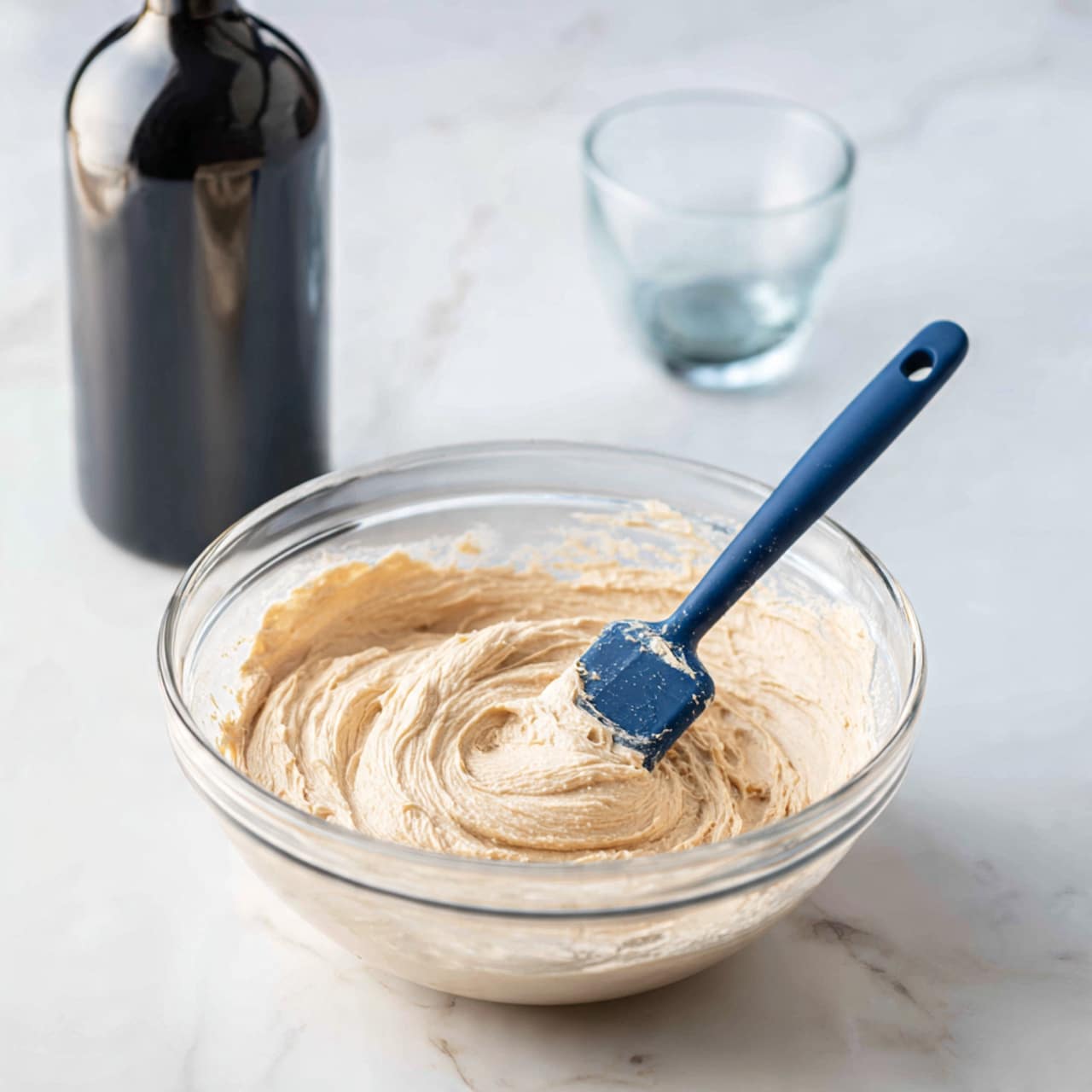 A clear glass bowl contains a creamy, light beige mixture with a smooth, thick, and fluffy texture. A blue spatula rests in the bowl, partly covered in the mixture, with visible swirled patterns on the surface of the mixture made by stirring. Behind the bowl, there is a tall, dark bottle and a small, clear glass on a white marbled surface. The photo taken with an iphone --ar 4:5 --v 7