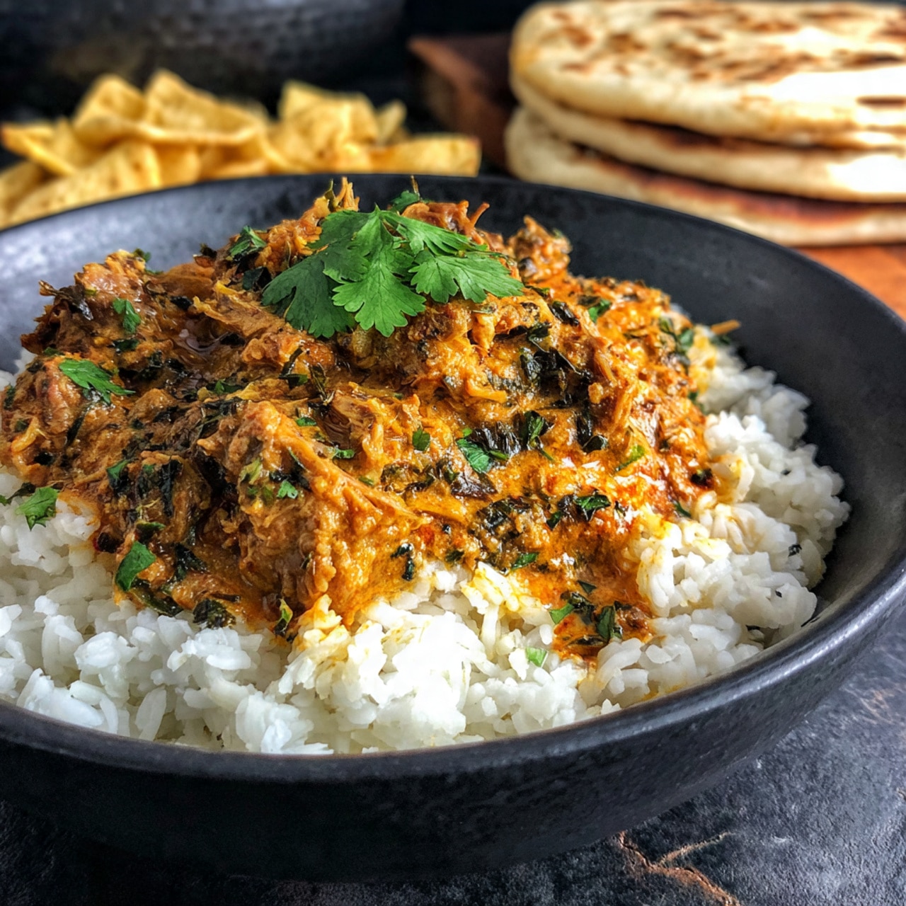 The image shows a close-up of a bowl filled with creamy orange curry that has chunks of tender meat and is garnished with fresh green cilantro leaves on top. Two pieces of warm white naan bread with golden-brown spots are placed upright partially inside the curry. The bowl is metallic with an intricate dark design and sits on a dark, worn surface, with a white marbled texture background softly visible behind. A silver spoon is visible resting near the bowl. photo taken with an iphone --ar 4:5 --v 7