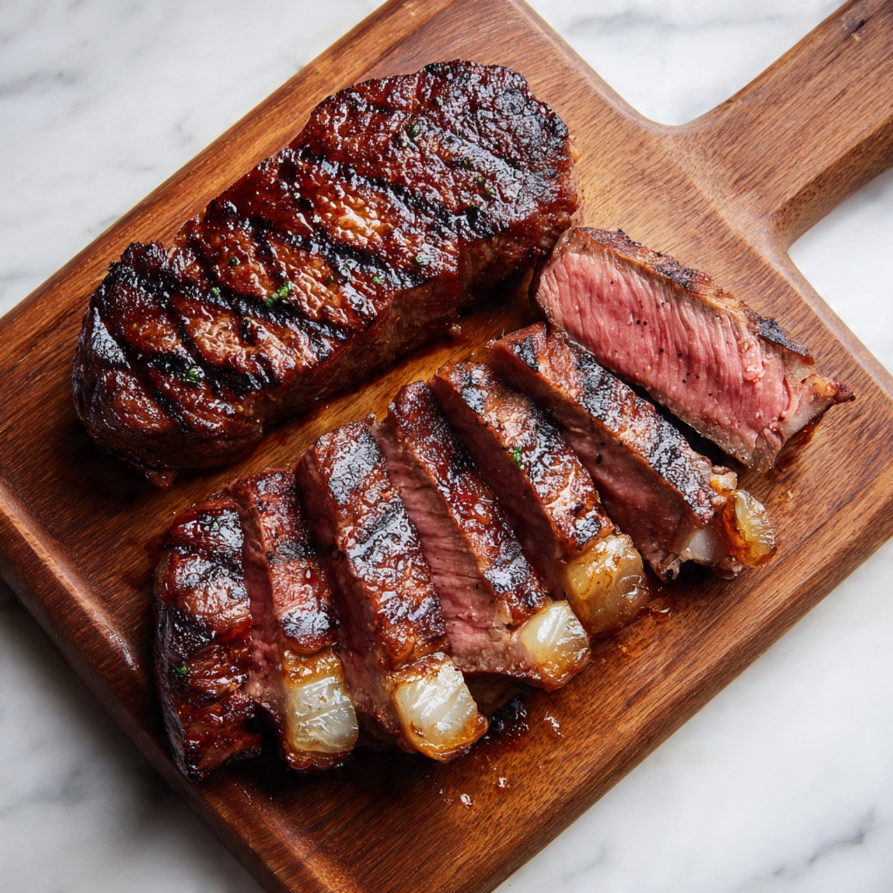 A wooden board holds a thick piece of steak, sliced into several strips. The steak has a dark brown, grilled outer layer with char marks and a juicy, pink inside. At the top, the whole steak piece is thick and round, showing a crispy texture on the outside. The bottom shows the slices, arranged side by side, displaying the pink center and white fat edges. The background is a white marbled surface. photo taken with an iphone --ar 4:5 --v 7