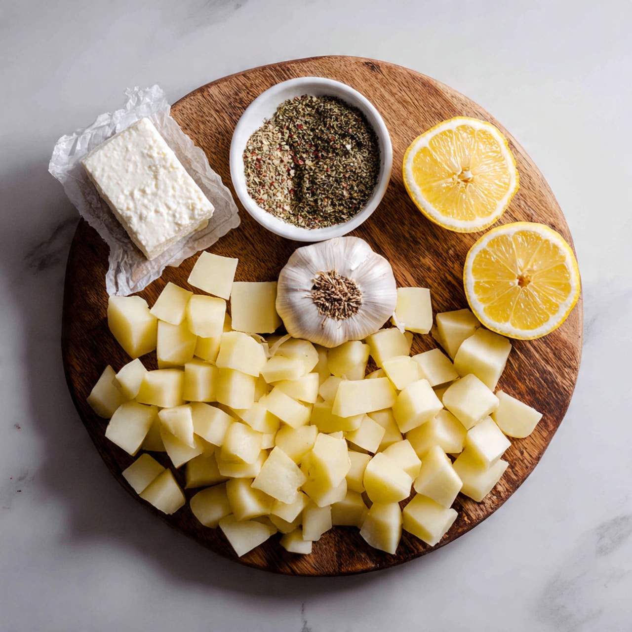 The image shows a wooden board on a white marbled surface, with several ingredients neatly arranged. At the top left, there is a white block of feta cheese still in its white wrapper, with a crumbly and creamy texture. Next to it, a small white bowl holds mixed dried seasonings, showing coarse salt and herbs in green and brown shades. Two lemon halves with bright yellow, juicy interiors are placed on the board—one near the top right and one near the bottom left. In the middle, a halved head of garlic reveals tightly packed pale cloves. Most of the board is covered with evenly cut cubes of potatoes, showing a smooth, pale yellow color. photo taken with an iphone --ar 4:5 --v 7