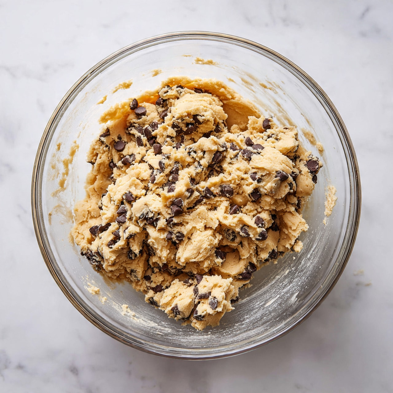 A clear glass bowl on a white marbled surface contains a thick mix of light brown dough with dark brown chocolate chips scattered unevenly throughout. The dough has a slightly crumbly texture with small clumps and loose bits that are pressed together but not smooth. The inside of the bowl shows some smudges of the dough around the edges, and the chocolate chips add dotted contrast all over the uneven dough surface. The lighting is bright and natural, highlighting the different textures. photo taken with an iphone --ar 4:5 --v 7
