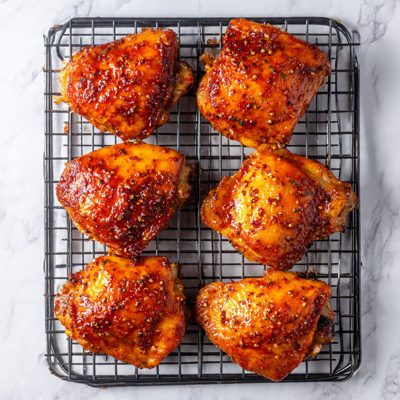 The image shows seven pieces of seasoned cooked chicken placed on a metal grid tray. Each piece is covered in a shiny, reddish-brown spice coating with visible small bits of seasoning. The chicken pieces are arranged in two rows with four pieces on top and three pieces below, evenly spaced. The metal tray has a black grid pattern, and the surface under it is a white marbled texture. The chicken looks moist with a slightly crispy texture on the edges. Photo taken with an iphone --ar 4:5 --v 7