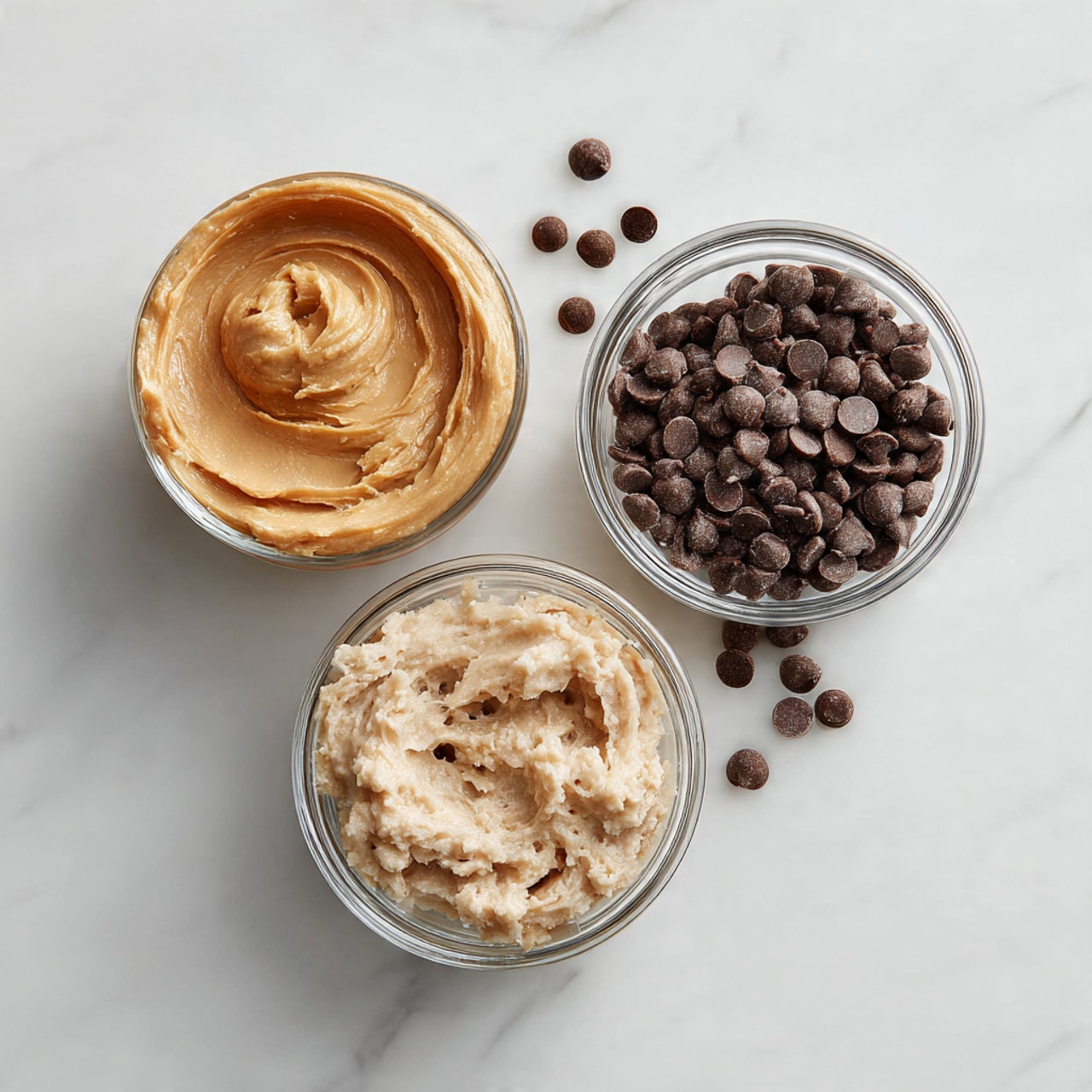 The image shows three small glass bowls placed on a white marbled surface, each containing a different ingredient. The first bowl holds a smooth, creamy peanut butter with a light golden brown color, swirled gently on top. The second bowl contains dark brown chocolate chips scattered loosely, creating a texture contrast with their rounded tops and flat bottoms. The third bowl is filled with a pale beige mixture that looks thick and slightly grainy, with visible swirls on the surface. The overall setting is clean and bright, highlighting the textures and natural colors of the ingredients. photo taken with an iphone --ar 4:5 --v 7