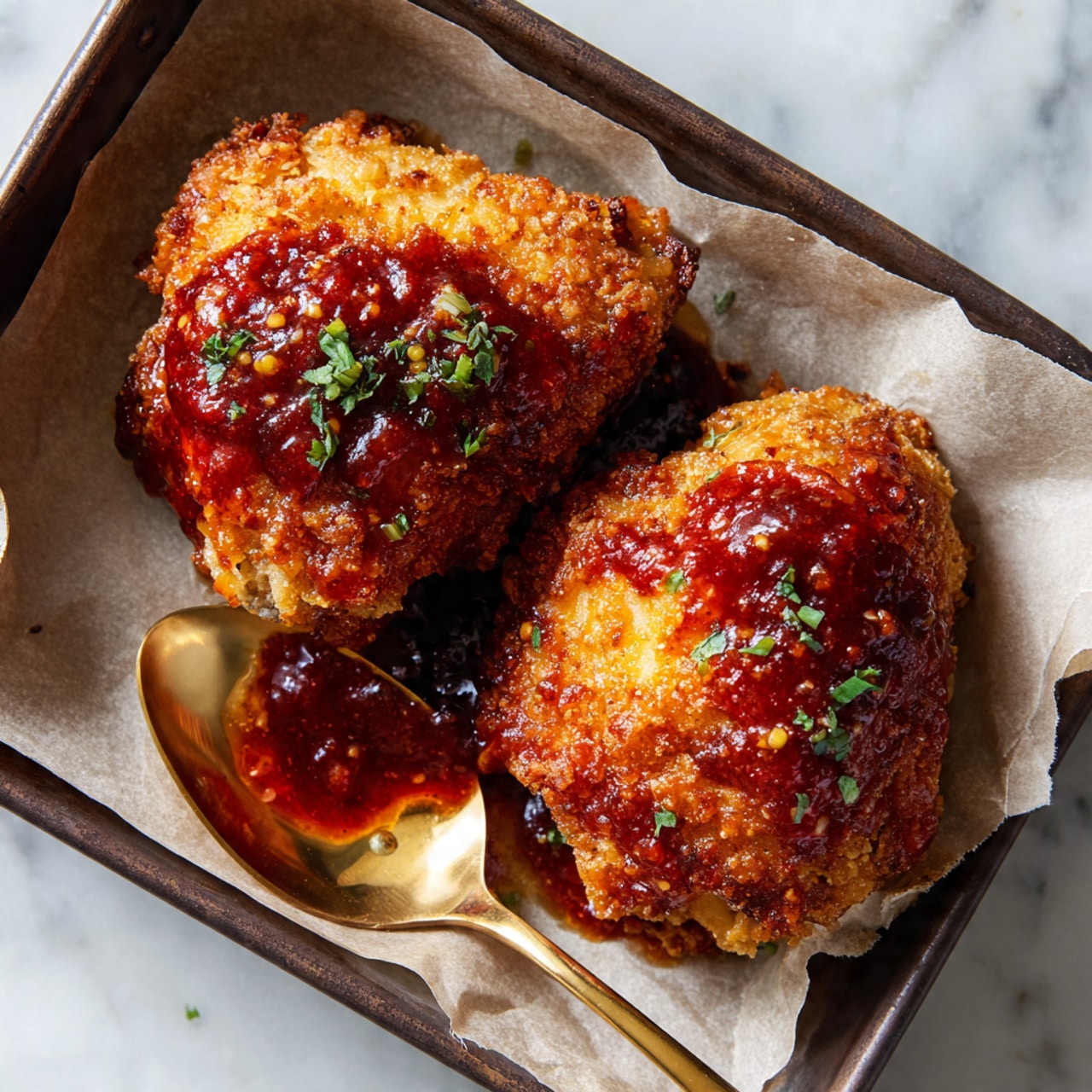 A close-up view shows a crispy fried chicken piece with two visible layers: a crunchy, golden-brown outer coating with small, rough textured bits, and a glossy layer of reddish-orange sauce drizzled on top that looks sticky and shiny. Small green herb bits are scattered over the sauce. The chicken rests on a dark baking sheet with some sauce drops and crispy crumbs around it. A gold spoon with some sauce is placed near the chicken on the baking sheet. The photo taken with an iphone --ar 4:5 --v 7