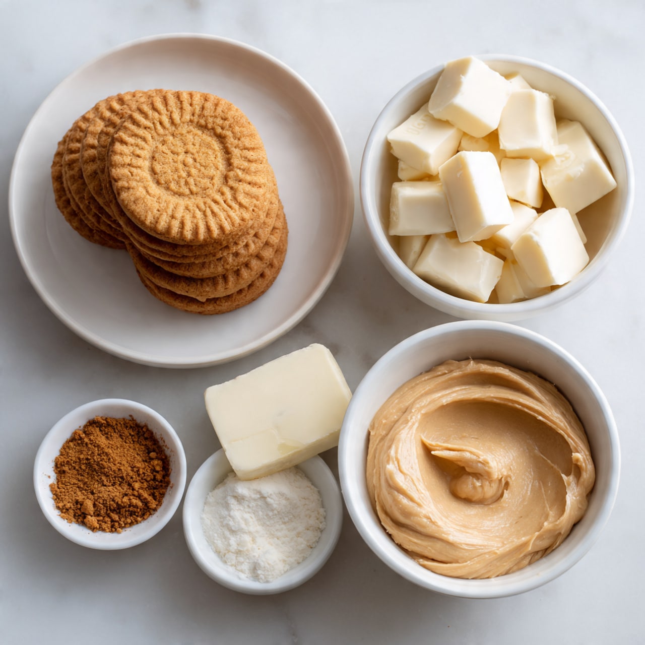 The image shows five white dishes on a white marbled surface. On the left, a white plate holds a neat stack of golden brown biscoff cookies with a visible patterned design. To the right, a white bowl is filled with chunks of pale white chocolate. Below the white chocolate, a smaller white bowl contains a smooth block of light cream cheese. In the bottom center, a tiny white dish has a small pile of fine cinnamon powder in a warm brown color. Lastly, on the lower right, another white bowl holds a creamy, light brown biscoff spread with visible swirls from a spoon. photo taken with an iphone --ar 4:5 --v 7