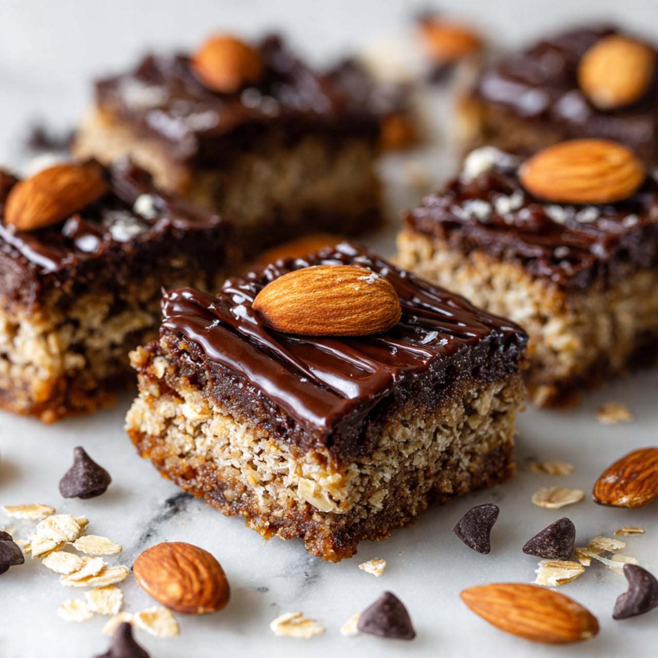 The image shows a tray of 16 chocolate oat bars arranged in four rows and four columns on parchment paper in a wooden tray on a white marbled surface. Each bar has a rough, textured look from the oats and is topped with uneven swirls of melted chocolate that create shiny, smooth patches across the bars. The chocolate drizzle varies in thickness and covers parts of each square in an artistic, random pattern. A clear glass bottle with light cream inside sits blurred in the background. The photo taken with an iphone --ar 4:5 --v 7