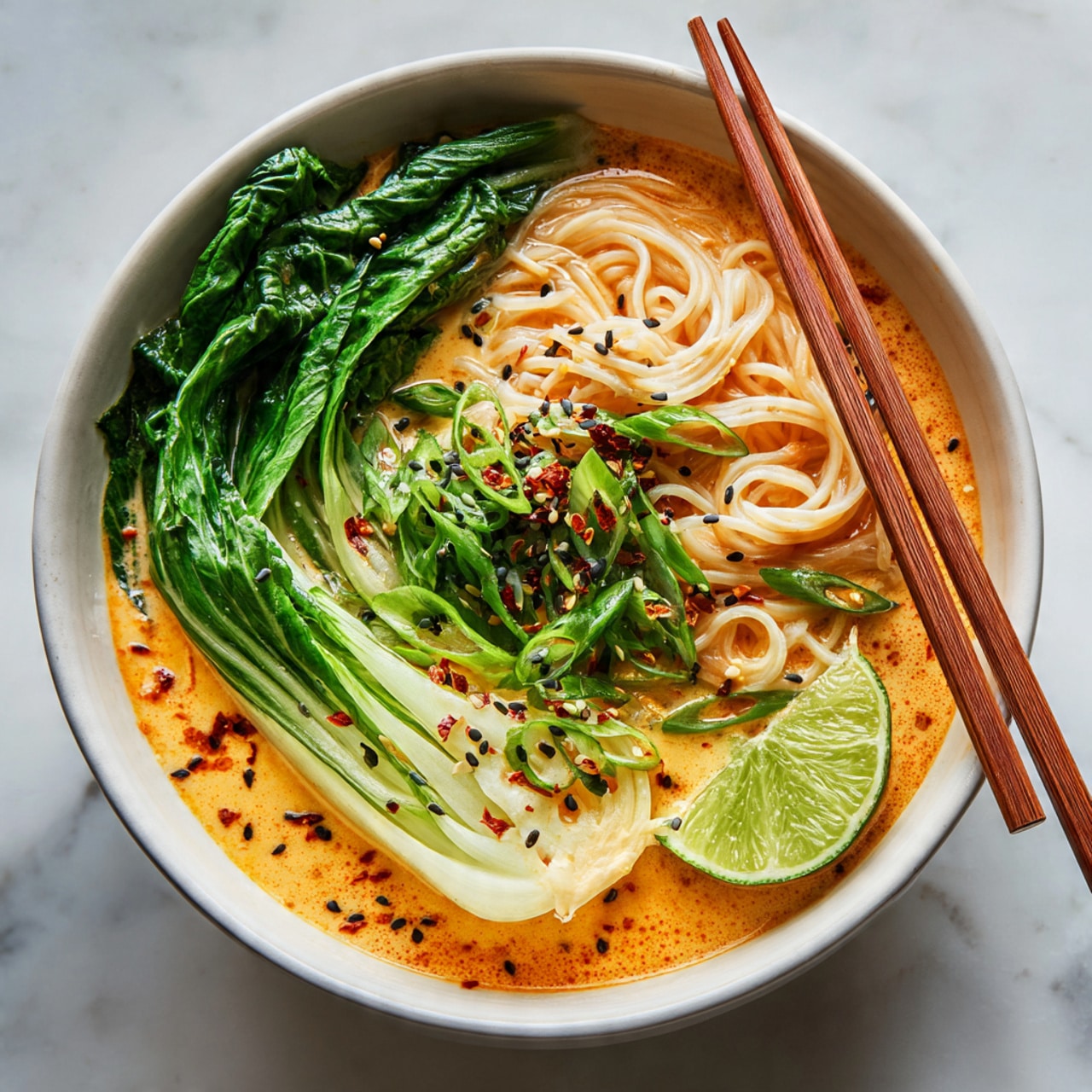 The image shows thick, glossy noodles covered in a shiny, light orange sauce with small red and white bits scattered throughout. The noodles are lifted with dark brown chopsticks, holding a clump of the round, slightly twisted strands above a bowl filled with more noodles in the same sauce, with a hint of green from small garnishes. The bowl is white and sits on a white marbled surface. The focus is on the noodles on the chopsticks with a soft blurred background photo taken with an iphone --ar 4:5 --v 7