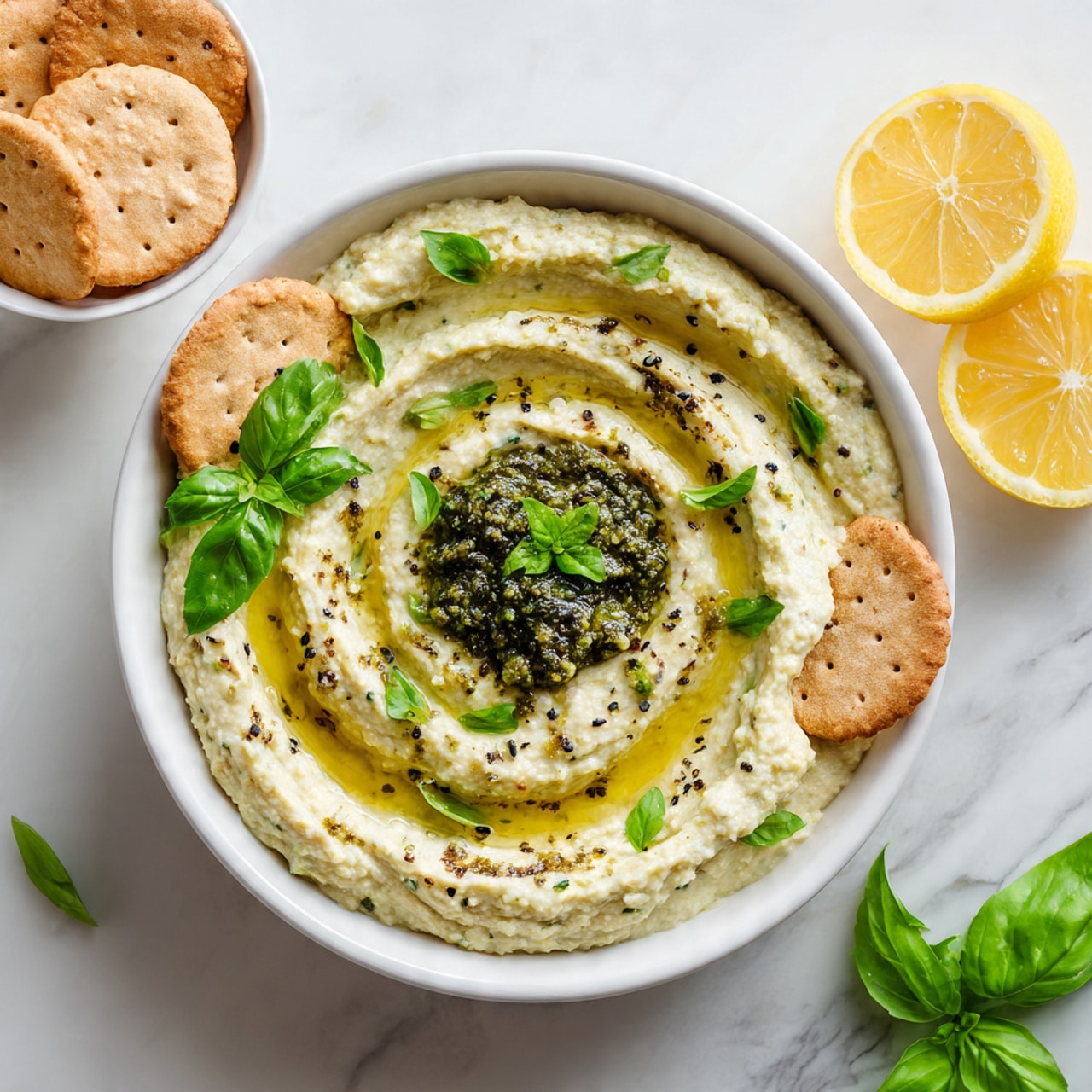 A bowl of light green creamy hummus as the base layer, spread evenly with swirled texture visible on the surface, topped with a thick dollop of dark green pesto in the center. The hummus is garnished with a drizzle of golden olive oil and a sprinkle of black pepper across the top. Two light brown square crackers are placed nestled into the hummus on the right side, and a couple of fresh dark green basil leaves are scattered on the hummus near the pesto and crackers. The bowl is white with a brown rim, set on a white marbled surface. Photo taken with an iphone --ar 4:5 --v 7