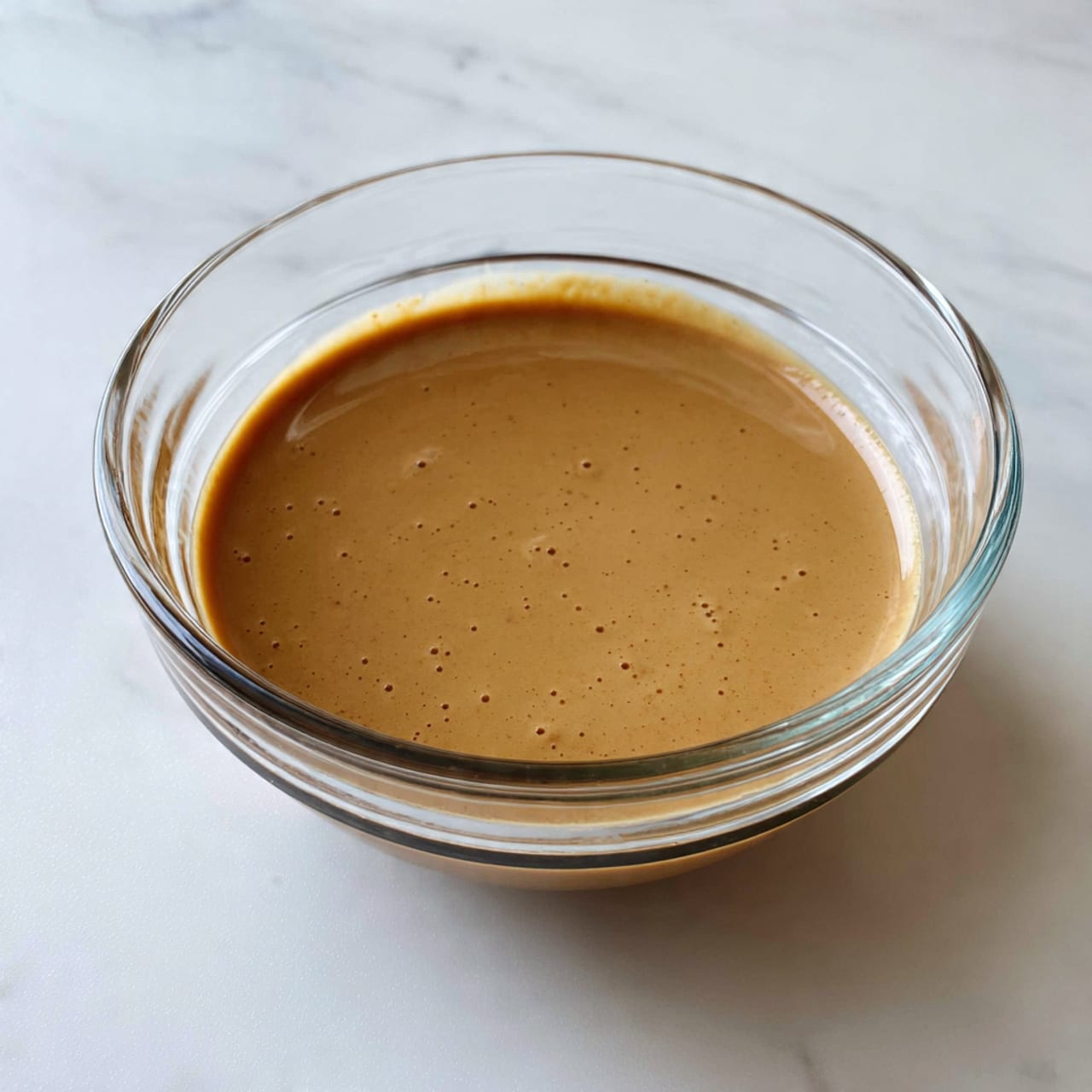 The image shows a clear glass bowl filled with a smooth, light brown sauce or dressing that has a creamy texture and a few tiny bubbles on the surface. The bowl is placed on a white marbled surface, and the sauce is evenly distributed inside the bowl with a round shape. photo taken with an iphone --ar 4:5 --v 7