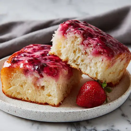 A close-up of two square pieces of soft dough pastry with a thick, shiny layer of pink and red berry glaze on top, showing bits of berries mixed in, resting on a white speckled plate. One piece lies flat on the plate while the other leans against it, revealing a fluffy, light yellow inside with a slightly airy texture. To the side, a fresh red strawberry adds a pop of color, all set against a white marbled surface with a gray cloth in the background. Photo taken with an iphone --ar 4:5 --v 7