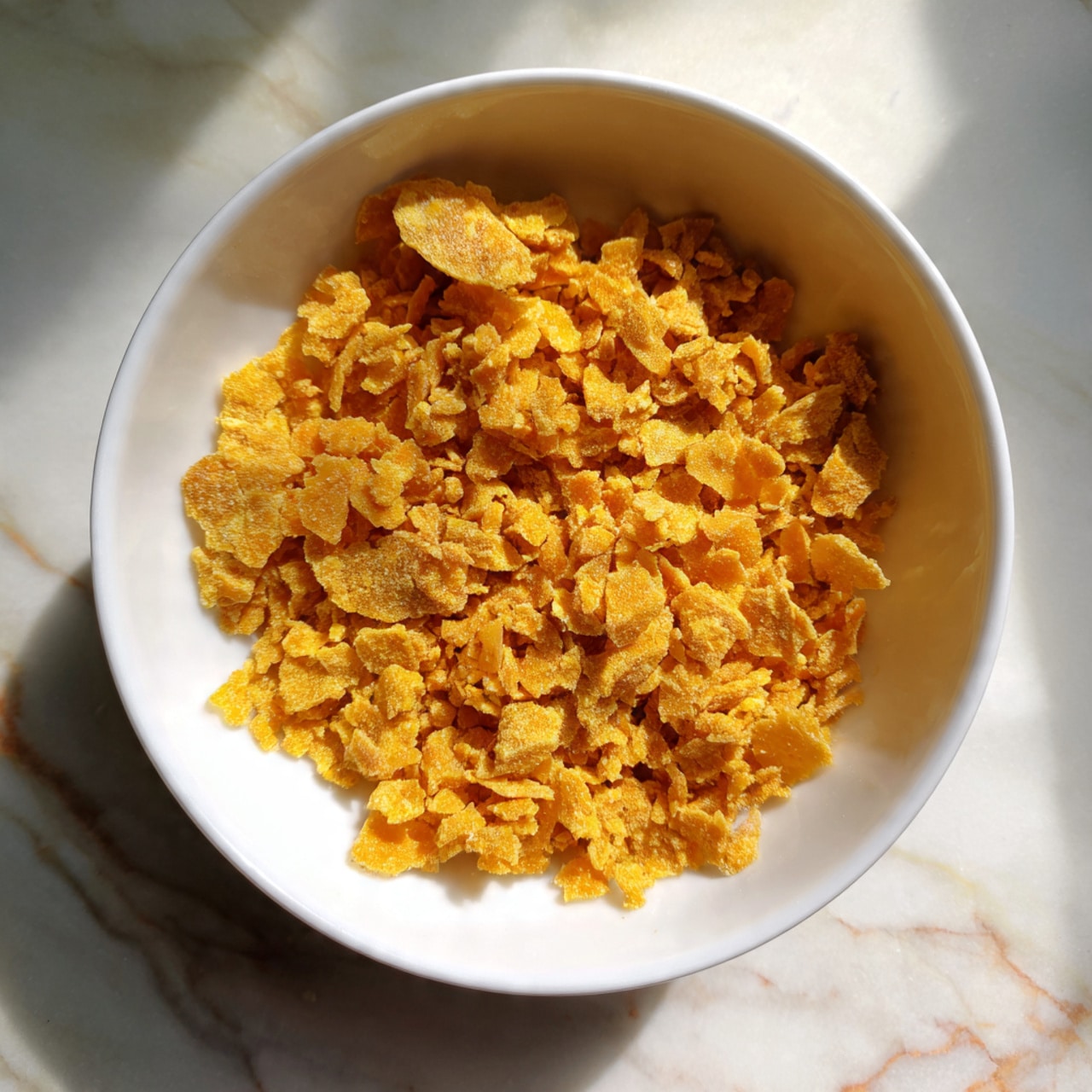 The image shows a white bowl filled with a crumbly mixture of small, irregularly shaped pieces in a yellow-orange color, with a slightly rough texture. The bowl sits on a white marbled surface, and the mixture fills most of the bowl without overflowing. The lighting highlights the uneven texture and soft shadows inside the bowl. photo taken with an iphone --ar 4:5 --v 7