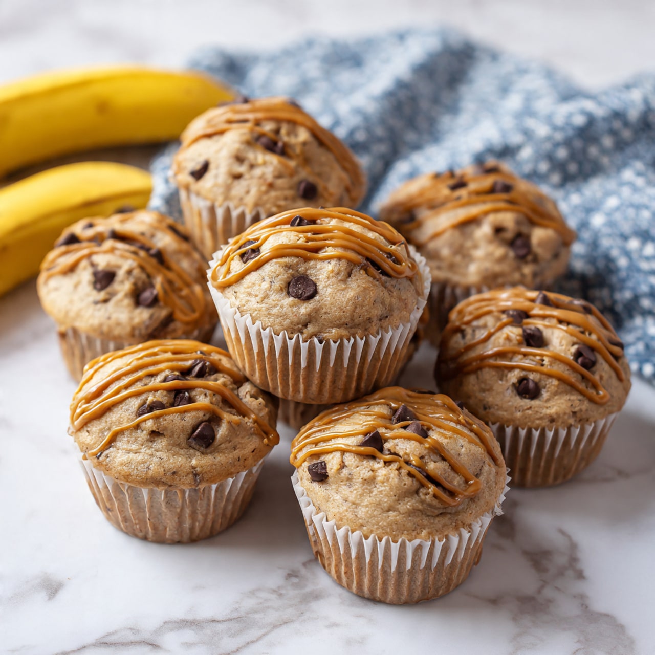 The image shows a close-up of a muffin with two visible layers. The bottom layer is a light brown cake with a soft texture, dotted with many small, dark chocolate chips inside. The top layer is a smooth, shiny caramel-colored glaze that drips slightly down the sides of the muffin. The muffin sits on a crumpled white paper liner, which rests on a metal cooling rack. The background features a white marbled surface with a blurry yellow object and another muffin behind it. Photo taken with an iphone --ar 4:5 --v 7