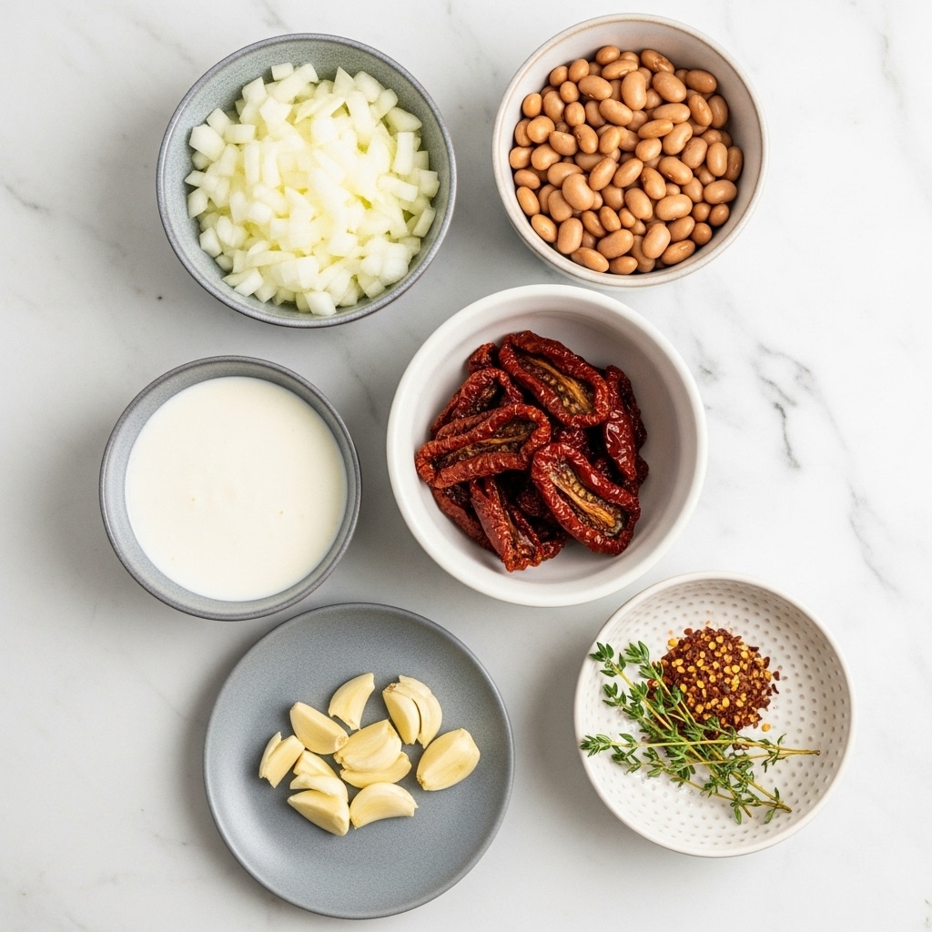 The image shows six small bowls placed on a white marbled surface. The top left bowl holds chopped white onions, the top right bowl contains light brown beans. Below the beans, a white bowl is filled with dark red sun-dried tomatoes. To the left of the tomatoes, a bowl holds a white creamy liquid. Below the onions, a small grey plate has chopped garlic. At the bottom right, a small white bowl with a dotted pattern holds red chili flakes and two sprigs of fresh thyme lying across it. The composition is neat, each ingredient clearly visible and separated. Photo taken with an iphone --ar 4:5 --v 7