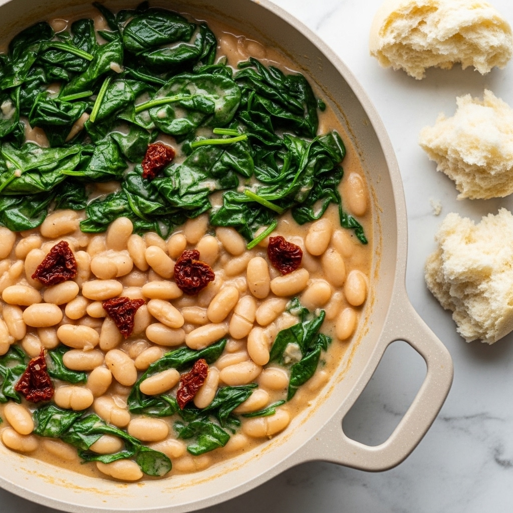 A deep white plate with a thin blue rim holds a creamy dish made of small white beans in a thick, light beige sauce. The surface is dotted with small pieces of bright red sun-dried tomatoes and sprinkled with finely grated white cheese. Fresh green herbs, including parsley and basil leaves, are spread on top, adding a fresh color contrast. A small drizzle of olive oil gives a slight shine to the creamy texture. The plate sits on a white marbled surface, and a silver spoon is placed nearby. photo taken with an iphone --ar 4:5 --v 7