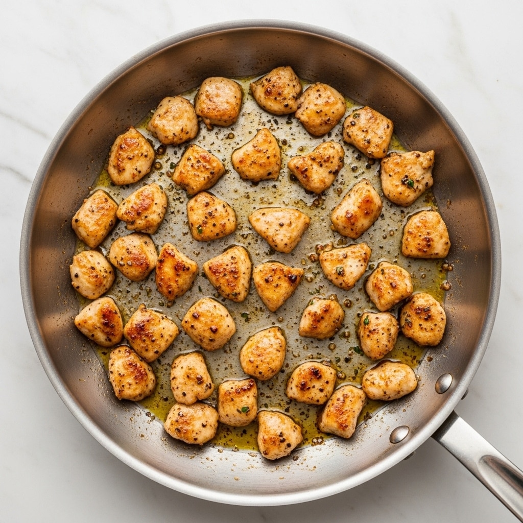 A round pan with a golden handle is filled with a colorful curry showing three main layers: the orange creamy curry sauce as the base layer, bright white chunks of chicken scattered evenly on top, and a mix of green beans and thin red bell pepper strips spread throughout giving a fresh and vibrant look. Next to the pan is a white bowl filled with fluffy white rice, resting on a white marbled surface. Above the curry pan there are two stacked white bowls with two shiny gold spoons inside. A white cloth with a delicate pattern is partially visible underneath the pan. Photo taken with an iphone --ar 4:5 --v 7