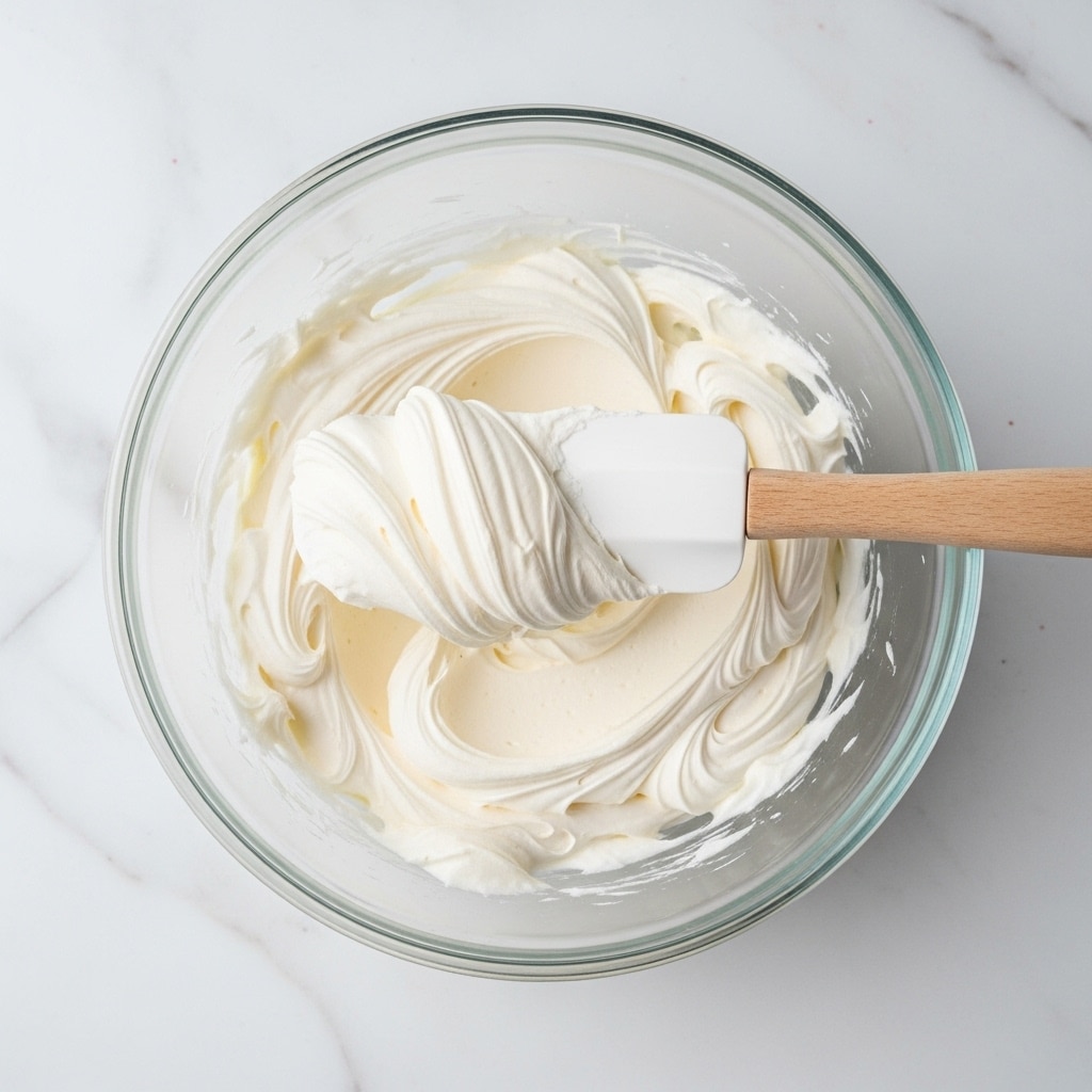 A clear glass bowl placed on a white marbled surface is filled with smooth, creamy white frosting that has a thick and fluffy texture. Sitting inside the bowl is a white spatula with a wooden handle, partially covered in the same frosting, showing soft swirls and folds as it gently lifts from the bowl. The frosting appears light and airy, creating soft peaks and subtle shadows along the smooth surface. photo taken with an iphone --ar 4:5 --v 7