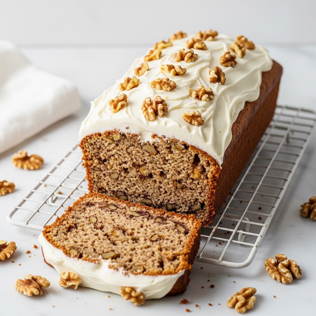 A loaf cake is shown with a visible texture that looks moist and dense, suggesting a spiced or nut-filled bread. The cake has a thick layer of white frosting spread on top, smooth and creamy, generously covered with chopped pecans scattered evenly. Four slices lie flat on a white marbled surface, with a fifth slice standing upright, showing the inside texture of the cake. A white cloth and a small white bowl filled with whole pecans are placed near the cake, completing the cozy setting. photo taken with an iphone --ar 4:5 --v 7