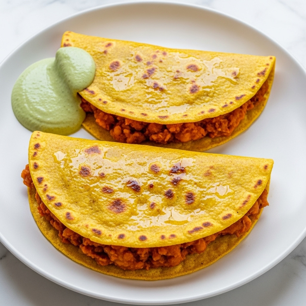 Five golden brown tortillas folded in half and filled with a bright orange mixture that looks soft and textured, placed in a row on a white plate lined with white parchment paper. Small green herb pieces are sprinkled on the tortillas and a few lime wedges with light green flesh sit on the side of the plate. The surface beneath the plate is a white marbled texture. Photo taken with an iphone --ar 4:5 --v 7