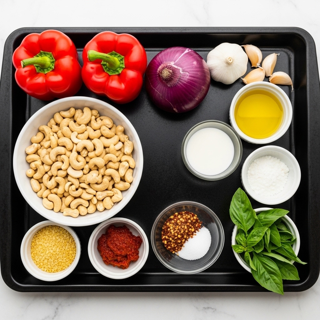 The image shows a black baking tray on a white marbled surface holding several ingredients arranged neatly. At the top left, two bright red bell peppers sit side by side. To the right, a whole purple onion and three garlic cloves rest near a small white bowl of golden yellow oil. Below the oil, a clear glass cup holds white liquid, and next to it is a small white bowl filled with white powder. On the left side of the tray, a large white bowl is filled with pale beige cashew nuts. Below this, there are three small white bowls: the left one contains yellow flakes, the middle one has red paste, and the right one holds fresh green basil leaves. In the center of the tray, a tiny glass container shows a mix of crushed red chili flakes and salt, all set on the clean black tray surface. Photo taken with an iphone --ar 4:5 --v 7