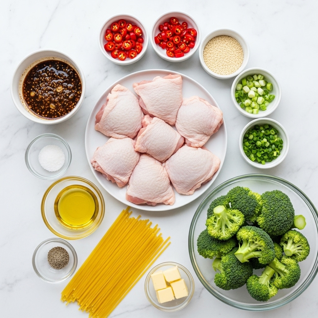 The image shows a top-down view of raw ingredients laid out on a white marbled surface. In the center, a white plate holds five pieces of raw chicken thighs with pale pink and white skin. Surrounding this plate are small white bowls containing sliced red chili peppers, white sesame seeds, and chopped green onions. There is a transparent glass bowl filled with fresh green broccoli florets arranged on the bottom right. To the bottom left, uncooked yellow spaghetti pasta is neatly aligned next to glass bowls with salt and pepper, clear oil, and two small pieces of butter. A white bowl with a dark brown sauce with visible seeds and spices is placed near the top left. Everything is organized in a clean, bright, and simple setup. Photo taken with an iphone --ar 4:5 --v 7