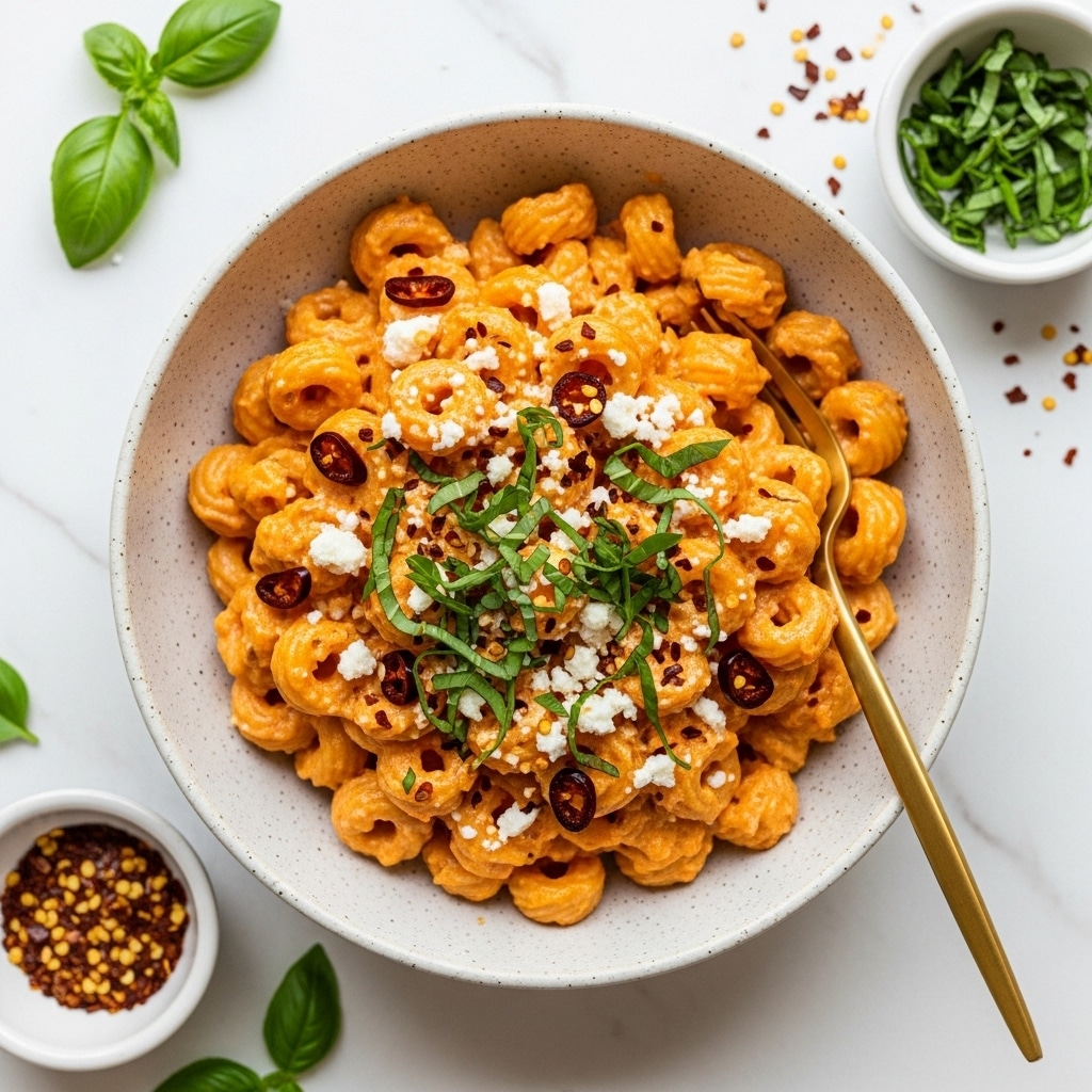 The image shows a white bowl filled with noodles coated in a creamy orange sauce, twisted into small nests. The noodles are sprinkled with small white crumbs and red chili flakes, adding texture and color contrast. On top, there are small pieces of fresh green herbs scattered, giving a fresh look. The bowl sits on a white marbled surface with a few chili flakes and herb pieces around it. In the blurred background, there are small white bowls with colorful spices and green ingredients. Photo taken with an iphone --ar 4:5 --v 7
