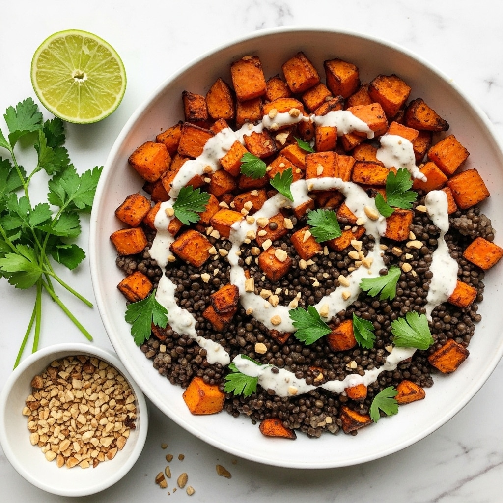 Roasted Sweet Potato and Lentil Salad with Garlic Tahini Dressing Recipe