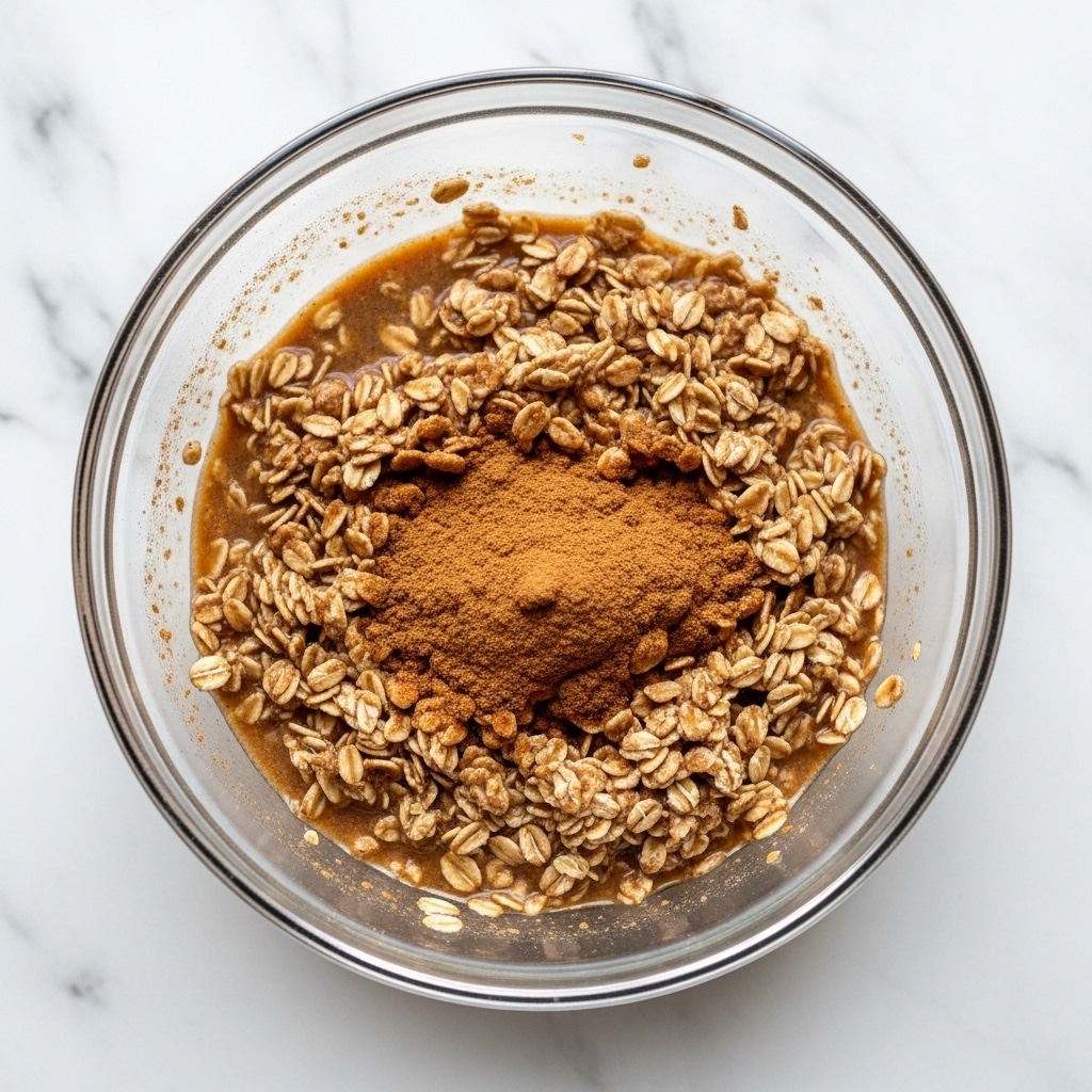 A clear glass bowl filled with a mixture of oats and a brown, grainy substance that looks like cinnamon or another spice, all combined with a wet liquid that makes the oats soft and swollen. The mix’s surface is uneven with visible oat flakes floating and sticking slightly to the sides of the bowl. The bowl is set on a white marbled textured surface. photo taken with an iphone --ar 4:5 --v 7