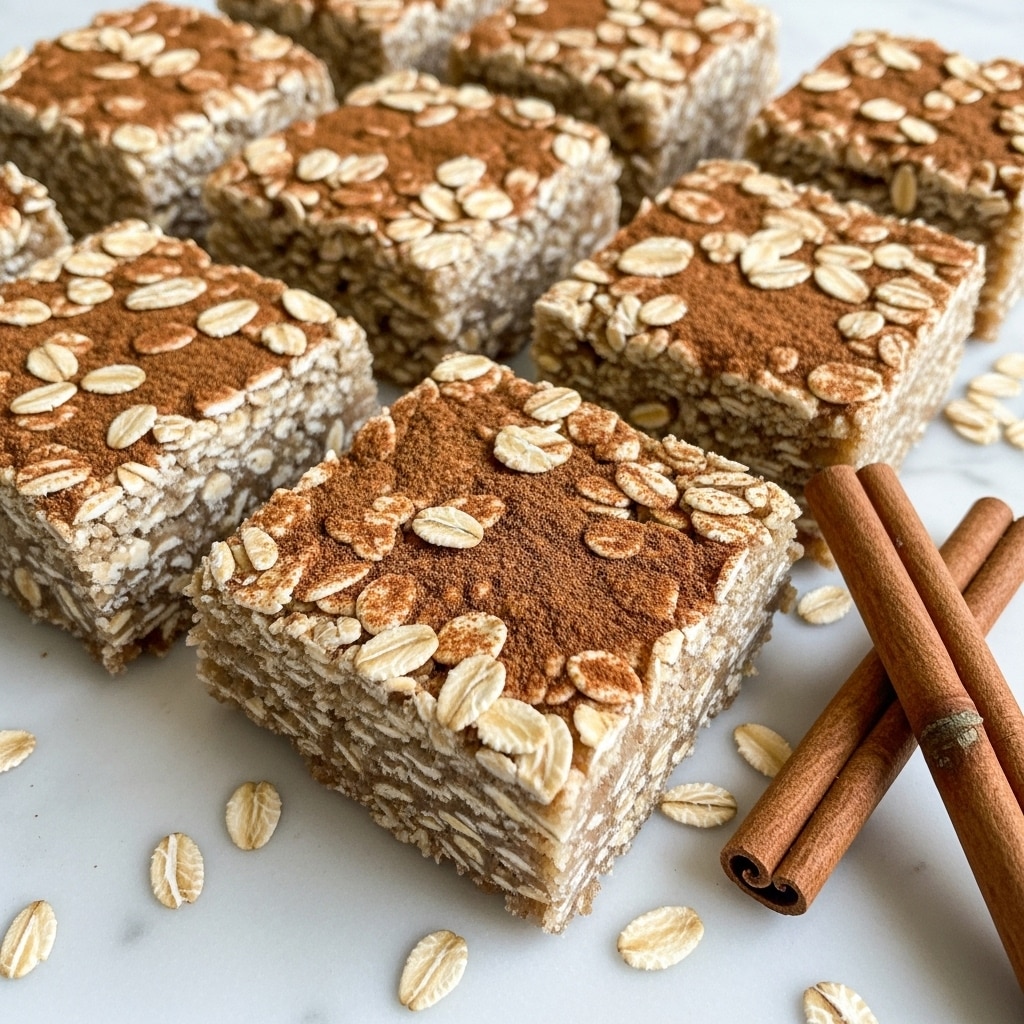 The image shows six oat bars placed on a sheet of parchment paper over a white marbled surface. Each bar has a rough top layer with visible whole oats, light brown sugar sprinkles, and a dusting of ground cinnamon giving it a speckled dark brown and beige color and coarse texture. The bars are square and thick, loosely arranged with some crumbs and scattered oats around them. Two cinnamon sticks lie diagonally in the lower right corner, their smooth wooden texture and reddish brown color contrasting with the oat bars. photo taken with an iphone --ar 4:5 --v 7
