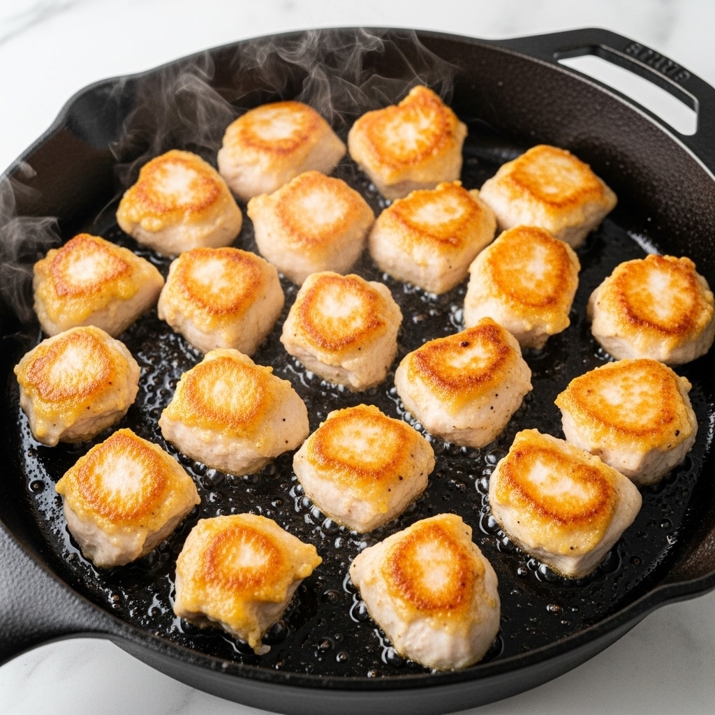 The image shows about eighteen evenly sized pieces of golden brown cooked chicken frying in a black cast iron pan. Each piece has a light crispy outside with shades of pale white and warm golden yellow, some parts slightly browned. Steam rises gently from the hot chicken. The pan's glossy, black surface has small oil spots scattered around the chicken pieces. The whole scene is set on a white marbled surface. photo taken with an iphone --ar 4:5 --v 7