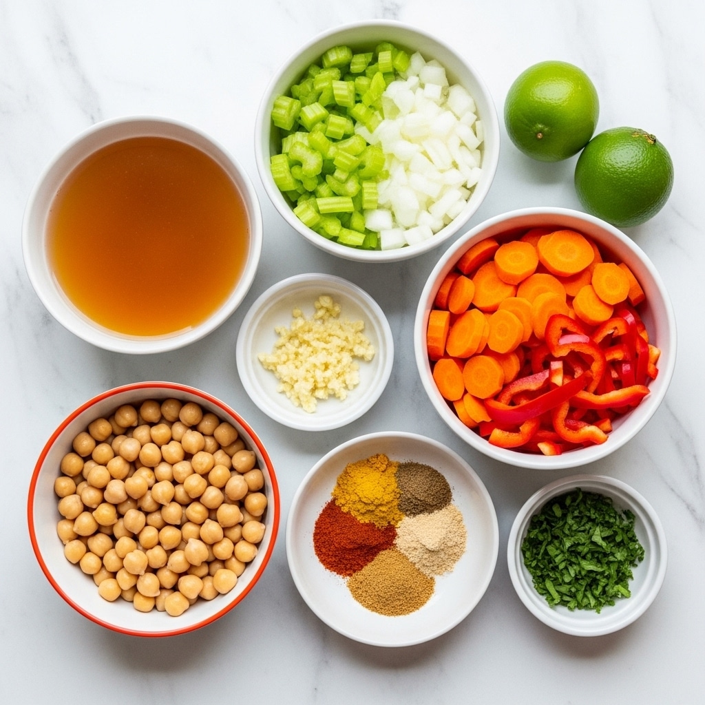 The image shows seven small bowls with different ingredients arranged on a white marbled surface. One bowl contains light brown liquid broth, another has sliced green celery and white chopped onions, and a small bowl with finely chopped white garlic. There is a bowl full of beige chickpeas, one with bright orange sliced carrots and red bell peppers, a white bowl with mixed spices including red, yellow, and brown powders, and a small white bowl holding chopped green herbs. Two green limes sit on the white marbled background near the bowls. photo taken with an iphone --ar 4:5 --v 7