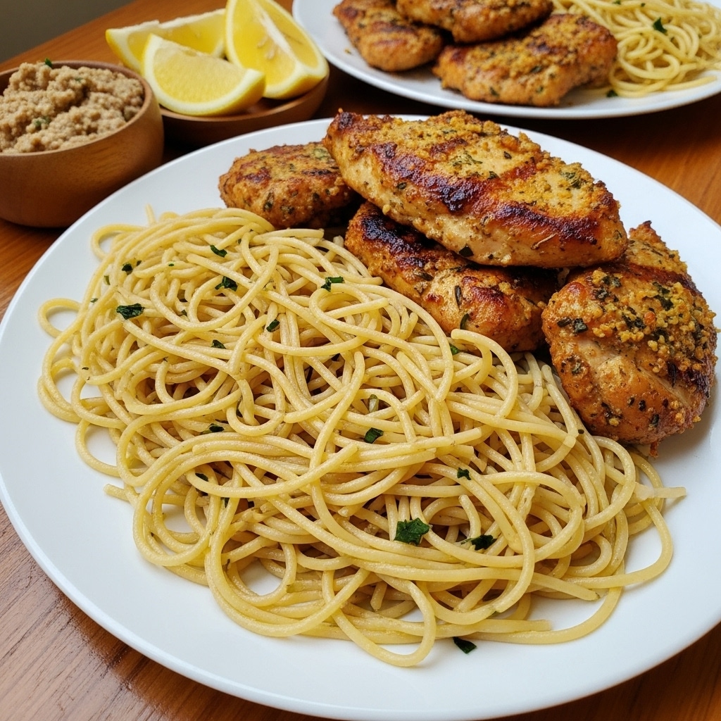 A large white plate sits on a white marbled surface, filled with a single layer of light golden spaghetti noodles mixed evenly with many pieces of browned chicken chunks that have a crisp, seared texture. The chicken pieces are scattered across the noodles, showing a nice mix of golden and darker brown spots. The dish is garnished lightly with bits of chopped green herbs, adding small flecks of color over the pasta and chicken. Around the plate are lemon wedges with bright yellow flesh and some sprigs of green parsley for decoration. Small wooden bowls with seasonings and sauces are placed near the top, and a woman's hand is visible holding the edge of the plate. Photo taken with an iphone --ar 4:5 --v 7