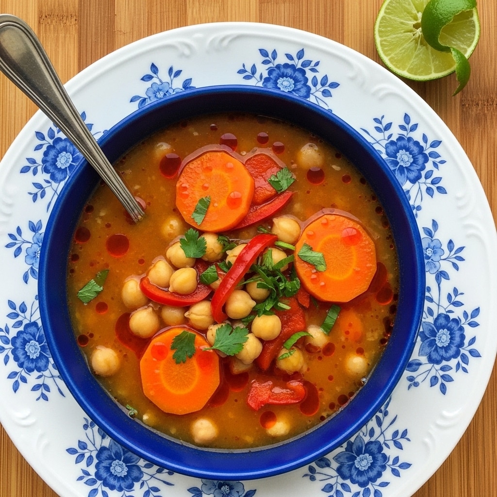 A dark metal pot with red handles is filled with a thick soup that has layers of orange and golden broth mixed with green herbs floating on top. There are visible chunks of yellow lentils, orange carrot slices, and small pieces of red and green vegetables in the soup. A black ladle is scooping the soup, showing the colorful mix inside, with bright green leaves and various vegetables clearly seen. The pot sits on a white marbled surface. photo taken with an iphone --ar 4:5 --v 7