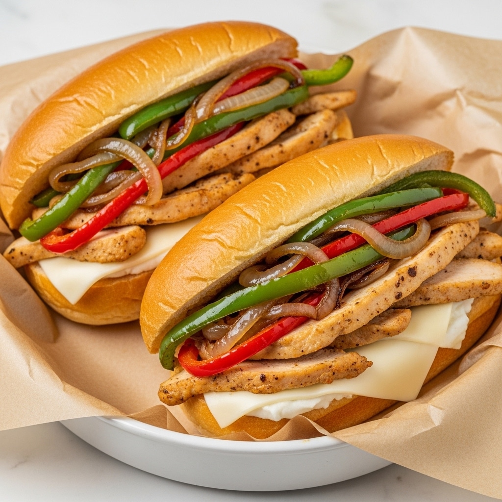 Two sandwiches with soft, light golden toasted buns filled with slices of light brown cooked chicken, mixed with strips of bright green and red bell peppers and translucent cooked onions, all placed in a round white bowl lined with parchment paper. The bowl is on a white marbled surface with a soft white cloth with red stripes nearby. A glass with a creamy drink is slightly visible in the background. Photo taken with an iphone --ar 4:5 --v 7