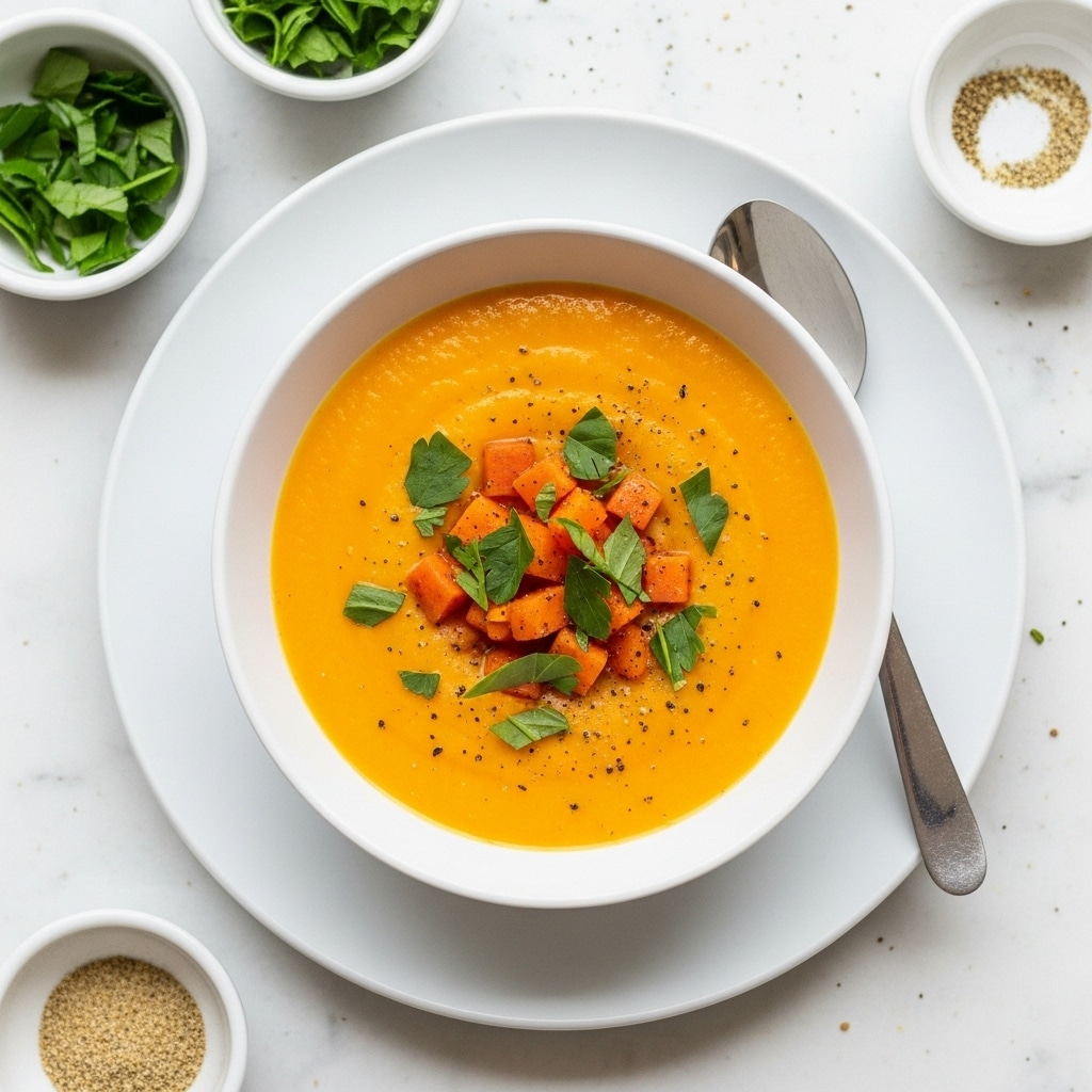 A close-up shot of a thick orange soup served in a white bowl on a white plate, sitting on a white marbled surface. The soup has a smooth texture and is topped with small chunks of bright orange pieces, fresh green herb bits scattered around, and a light sprinkle of black pepper. A metal spoon with a simple pattern rests on the edge of the plate. In the background, part of a glass with a light drink and a white cloth with blue and yellow stripes are visible. Photo taken with an iphone --ar 4:5 --v 7