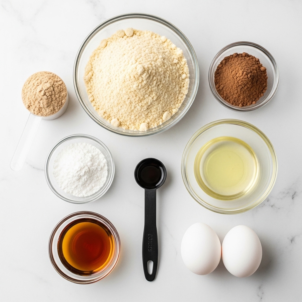 The image shows eight ingredients arranged neatly on a white marbled surface. At the top center, there is a medium clear glass bowl filled with pale yellow almond flour with a slightly grainy texture. To the right, a smaller clear glass bowl contains medium brown cacao powder with a fine, soft texture. Below the cacao, a black plastic measuring spoon holds a small amount of dark vanilla extract. In the center right is a medium clear glass bowl with clear coconut oil in a liquid state. At the bottom right, two white eggs with smooth shells lay side by side. To the bottom left, a small clear glass bowl holds thick amber maple syrup. Above it, a small clear glass bowl contains pure white baking powder. At the top left, a small clear plastic scoop contains light brown protein powder with a powdery texture. The items are spaced evenly in a flat lay style. Photo taken with an iphone --ar 4:5 --v 7