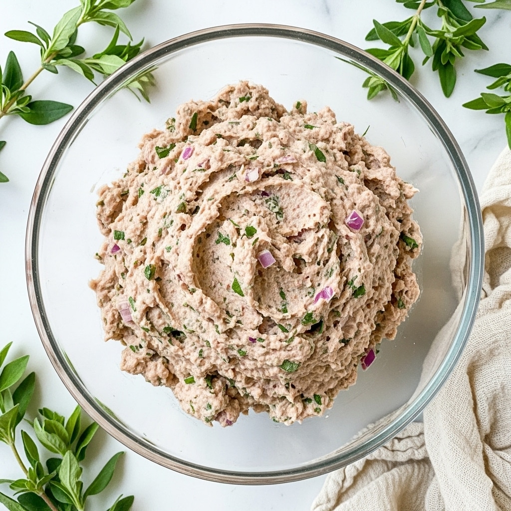A clear glass bowl is filled with a single large mound of light pink mixed paste with visible small pieces of green herbs and tiny purple onion bits scattered evenly throughout, showing a rough and soft texture. The bowl sits on a white marbled surface with sprigs of green herbs around it, and the lower right corner has part of a crumpled off-white cloth. The lighting is bright and natural, highlighting the creamy, mixed texture of the paste photo taken with an iphone --ar 4:5 --v 7
