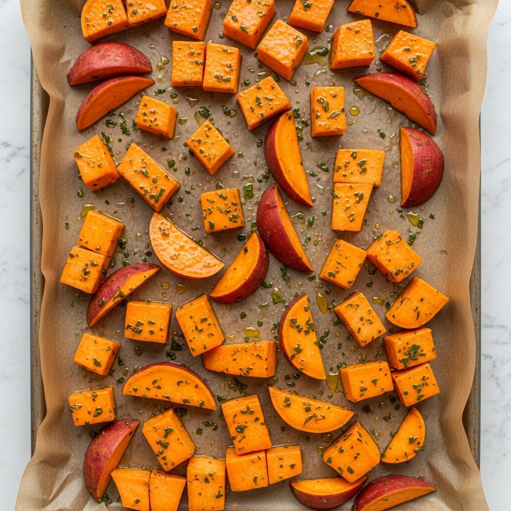 The image shows many pieces of bright orange sweet potato with red skin, cut into different shapes like cubes and wedges, spread out on a baking tray lined with brown parchment paper. The pieces are sprinkled with small green herb bits and have a light shine, suggesting they are coated in oil. The tray is placed on a white marbled surface. Photo taken with an iphone --ar 4:5 --v 7