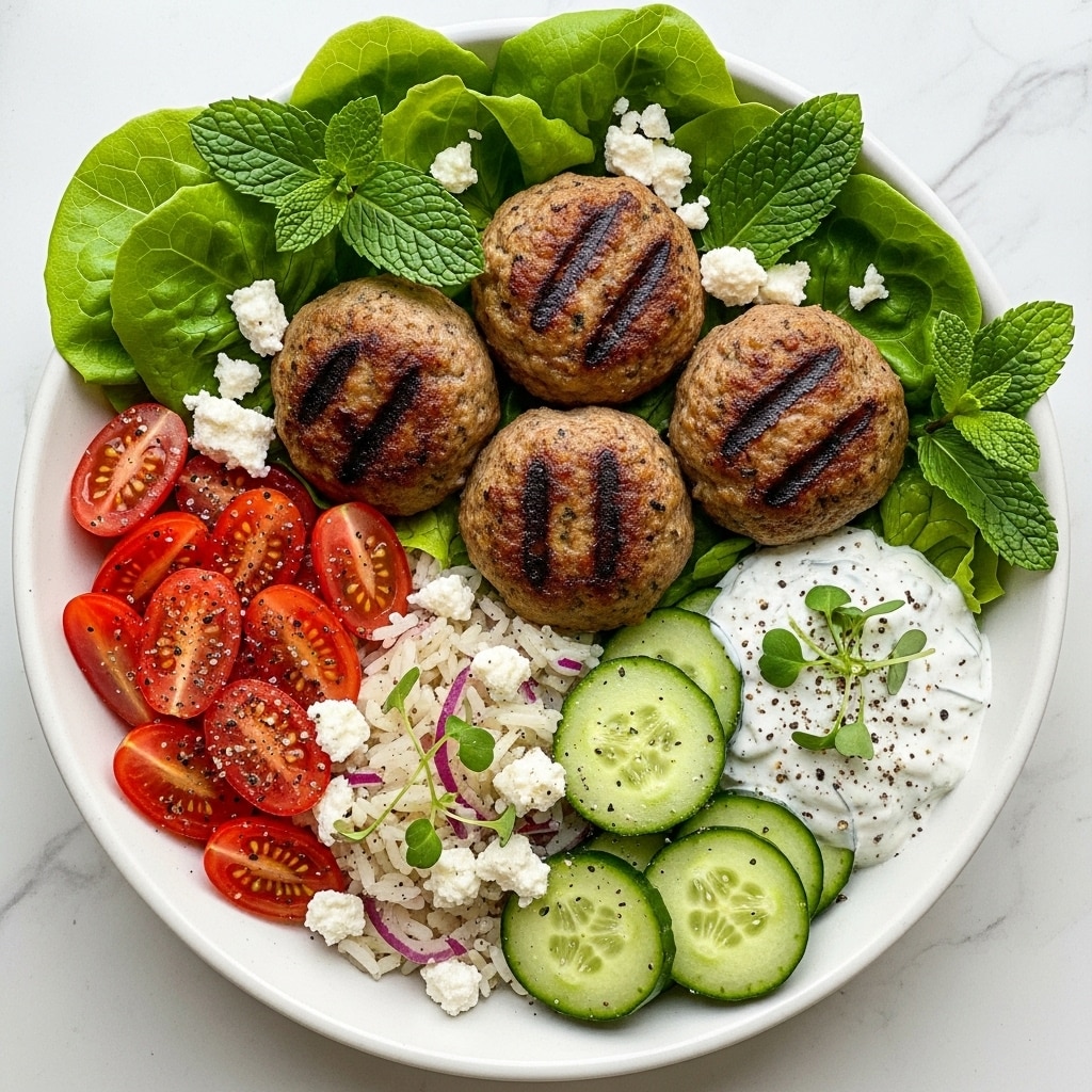 A white bowl on a white marbled surface holds four golden brown grilled meatballs with a slightly crispy texture. Around the meatballs are layers of bright green lettuce and fresh mint leaves. On one side, there are sliced red cherry tomatoes with black pepper sprinkled on top, next to a small portion of white rice mixed with bits of red onion. Thin green cucumber slices are placed near a creamy white sauce with black pepper, possibly tzatziki. Crumbled white cheese and small green herb sprigs are scattered over the whole dish, adding texture and color. photo taken with an iphone --ar 4:5 --v 7