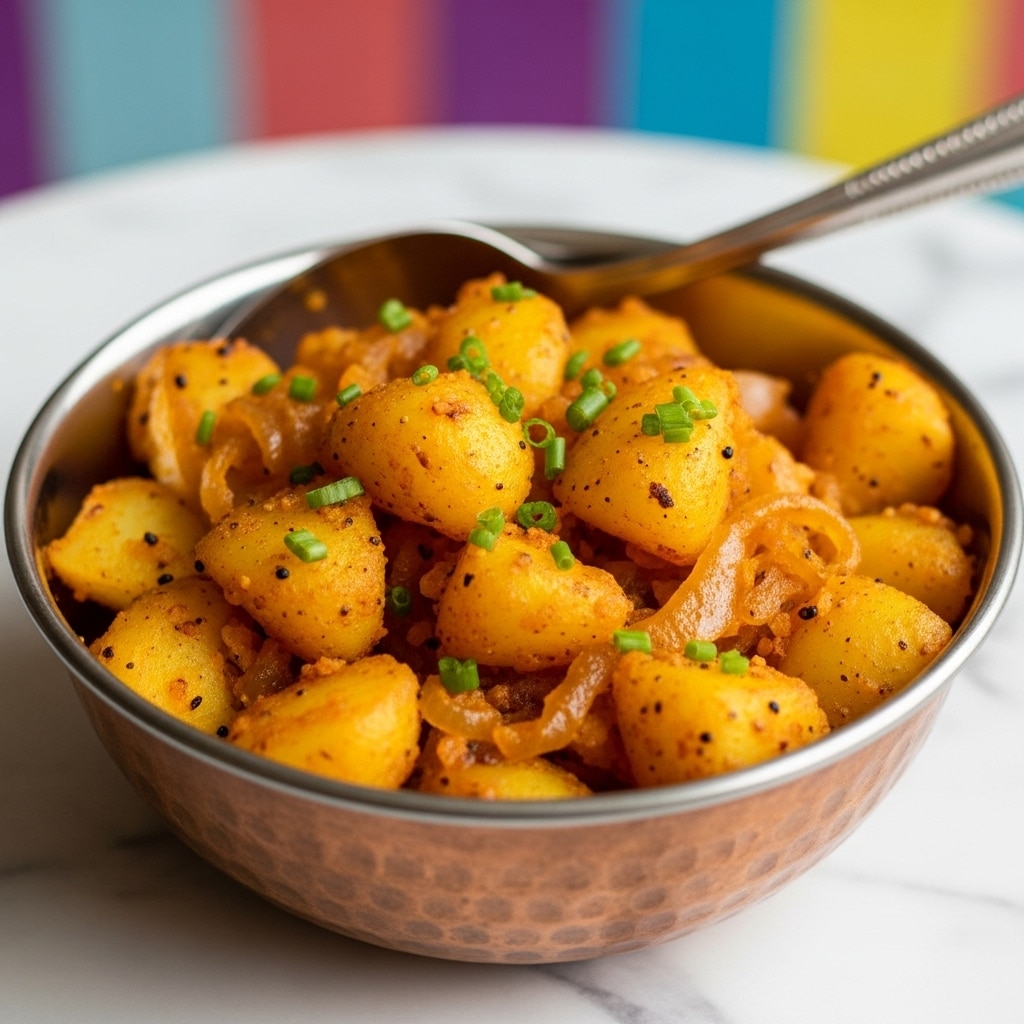 The image shows a close-up of a black pan filled with cooked small golden-yellow potato cubes mixed with caramelized light brown onions and spices, all stirred with a light wooden spatula partially visible on the right side. The potatoes have a slightly crispy texture on some edges, creating a rustic look, while the onions appear soft and translucent, scattered evenly among the potatoes. The pan rests on a white marbled surface, adding clean and bright contrast to the warm colors of the food. photo taken with an iphone --ar 4:5 --v 7