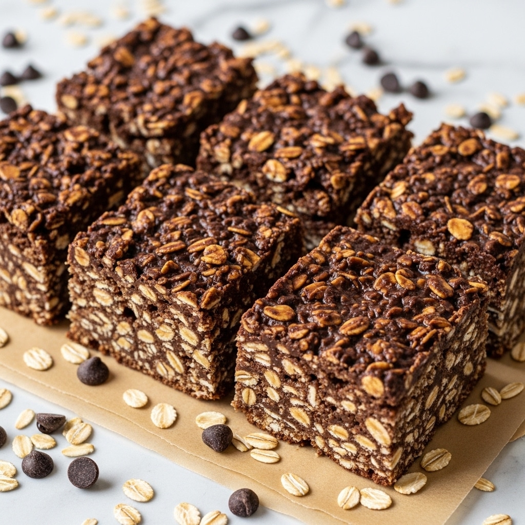 The image shows a close-up of a square-shaped chocolate oat bar with one bite taken out of the front side. The bar has a dark brown color with visible oats mixed throughout, creating a rough texture. There are small white salt flakes sprinkled on top for detail. Around the bar, there are scattered dark chocolate chips and oats, all placed on a light brown parchment paper that sits on a white marbled surface. The focus is sharp on the bar in front, while the background shows blurred pieces of similar bars. photo taken with an iphone --ar 4:5 --v 7